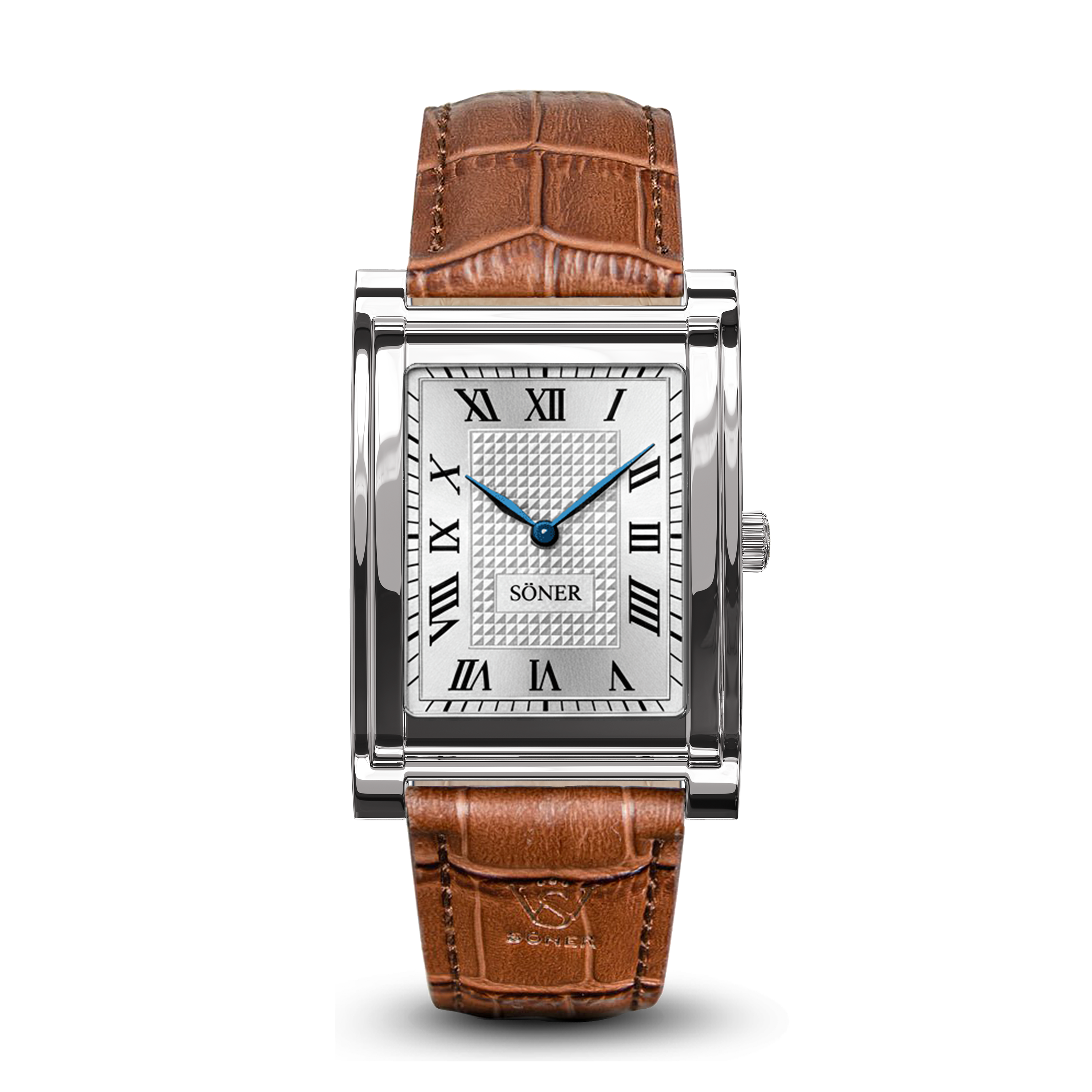 A rectangular steel watch with a brown leather strap features a Roman numerals dial, textured silver face, blue hands, and the brand name SÖNER elegantly displayed.