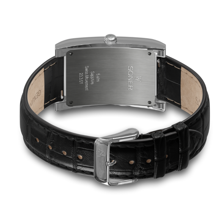 Watch back view with black leather strap and hardened steel metal case on a white background