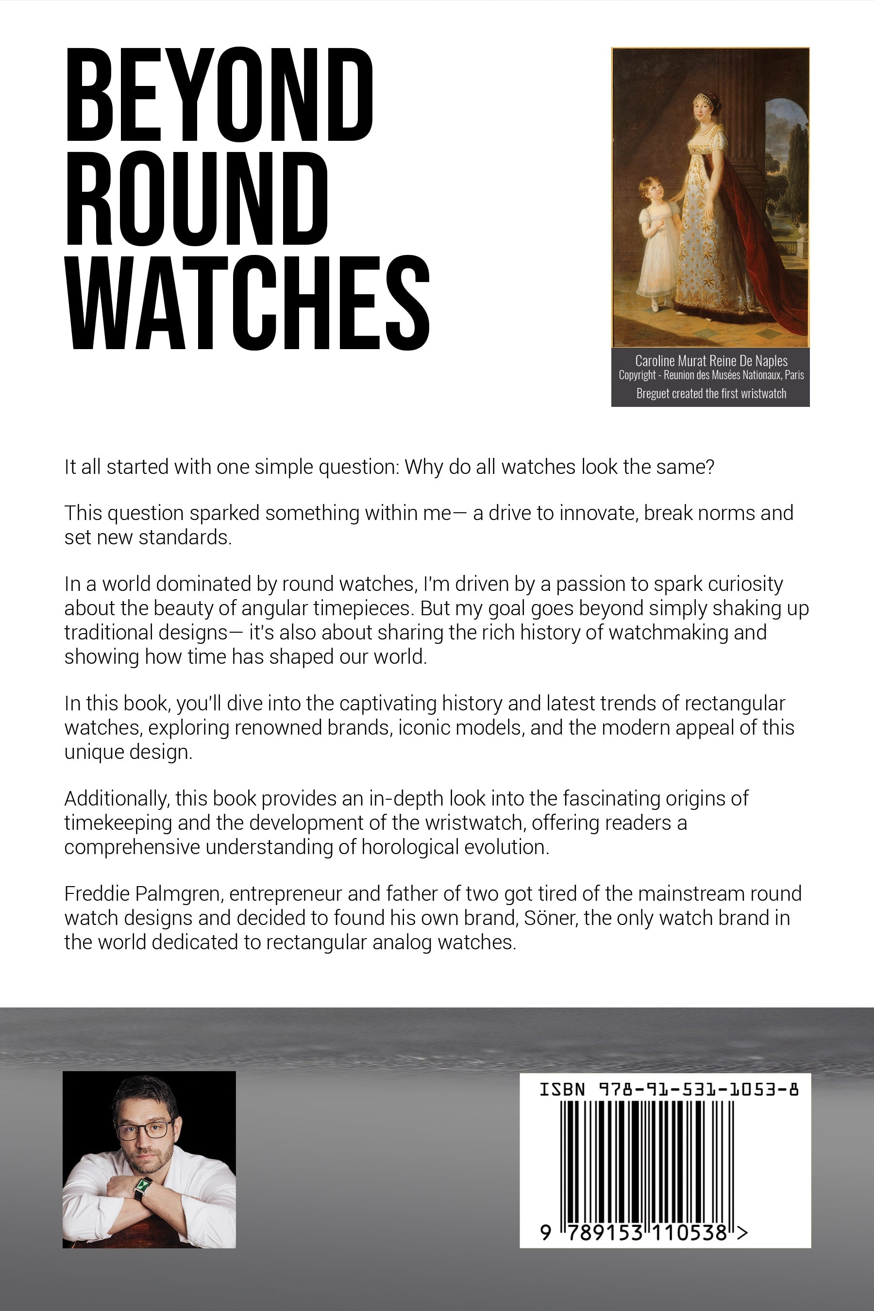 Book cover titled "Beyond Round Watches (pdf)" showcasing an image of a historical painting. The back cover text elaborates on the book's exploration of the history and evolution of watch shapes, emphasizing non-traditional rectangular designs over traditional round ones.