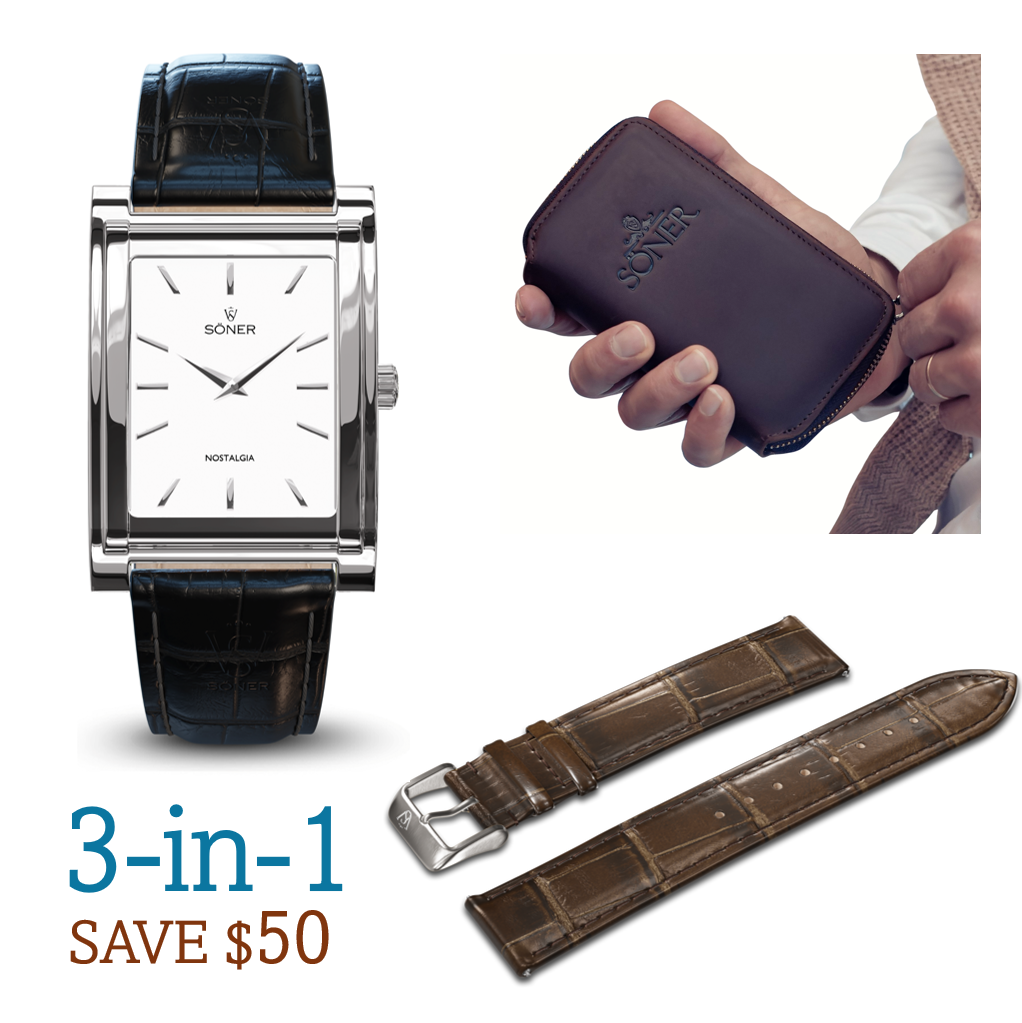 Nostalgia Paris - Bundle: A rectangular silver watch with black leather strap, a brown leather pouch held in hand, and an extra brown strap. Text: “3-in-1 SAVE $50.”.