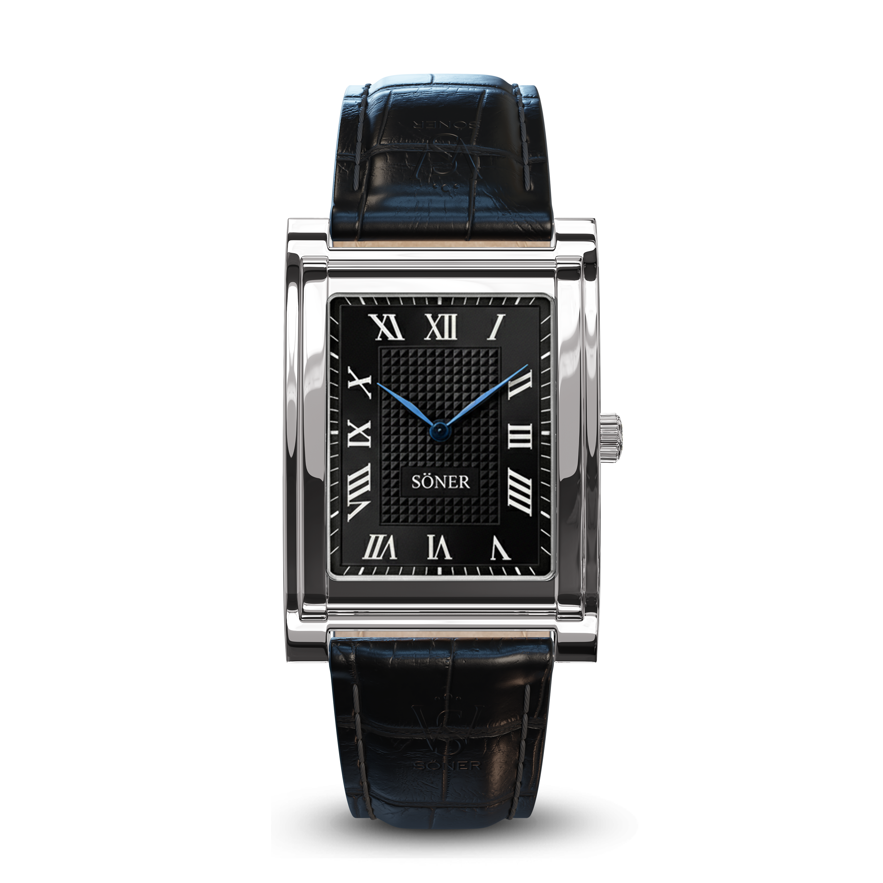 A rectangular luxury wristwatch with a black leather strap, silver case, sapphire crystal, black face, white Roman numerals, and blue hands. The brand name SÖNER is displayed above the center.