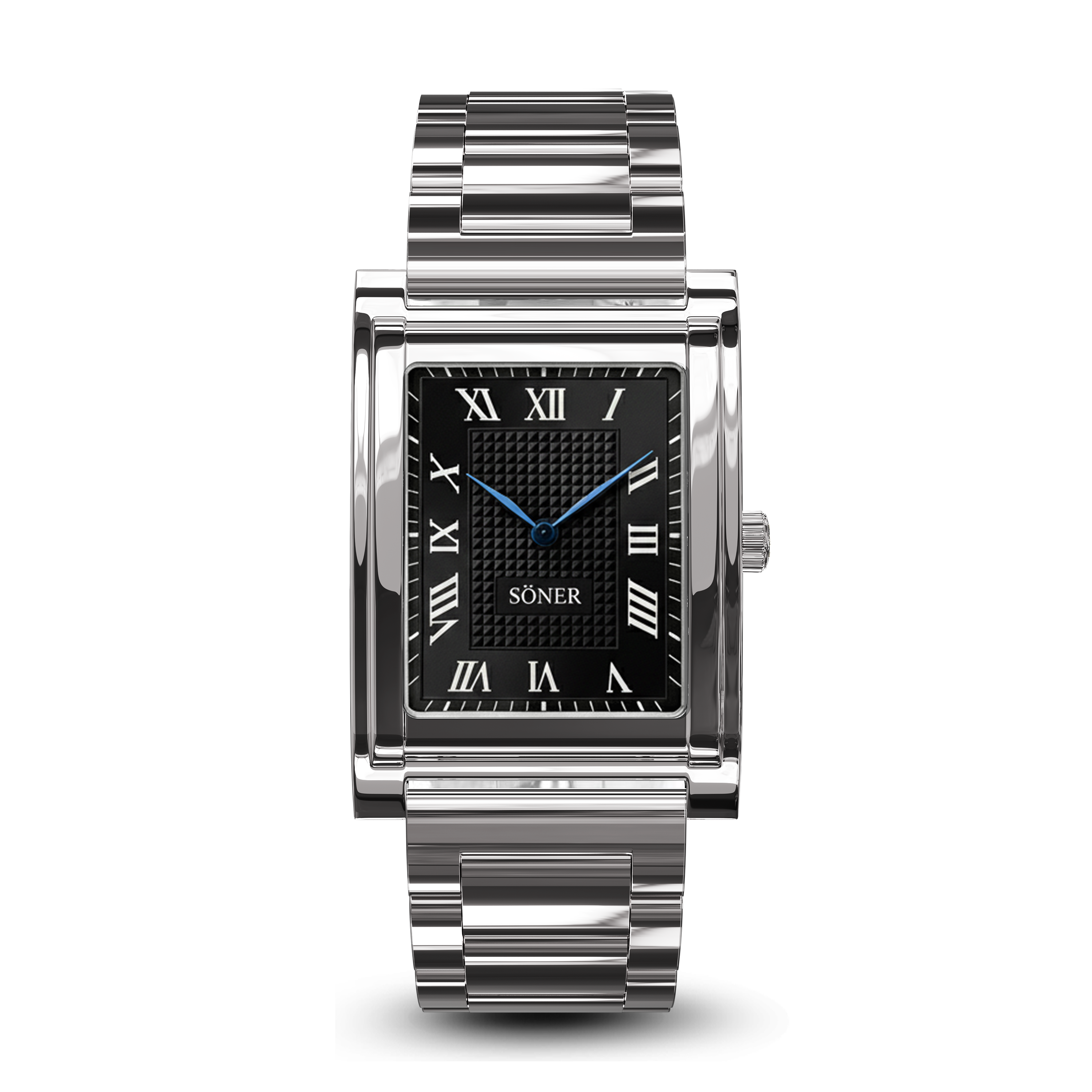 A silver rectangular watch with a black dial, Roman numeral hour markers, and a metallic band. Featuring blue hands, the SÖNER brand name on the face, and durable sapphire crystal for added scratch resistance.