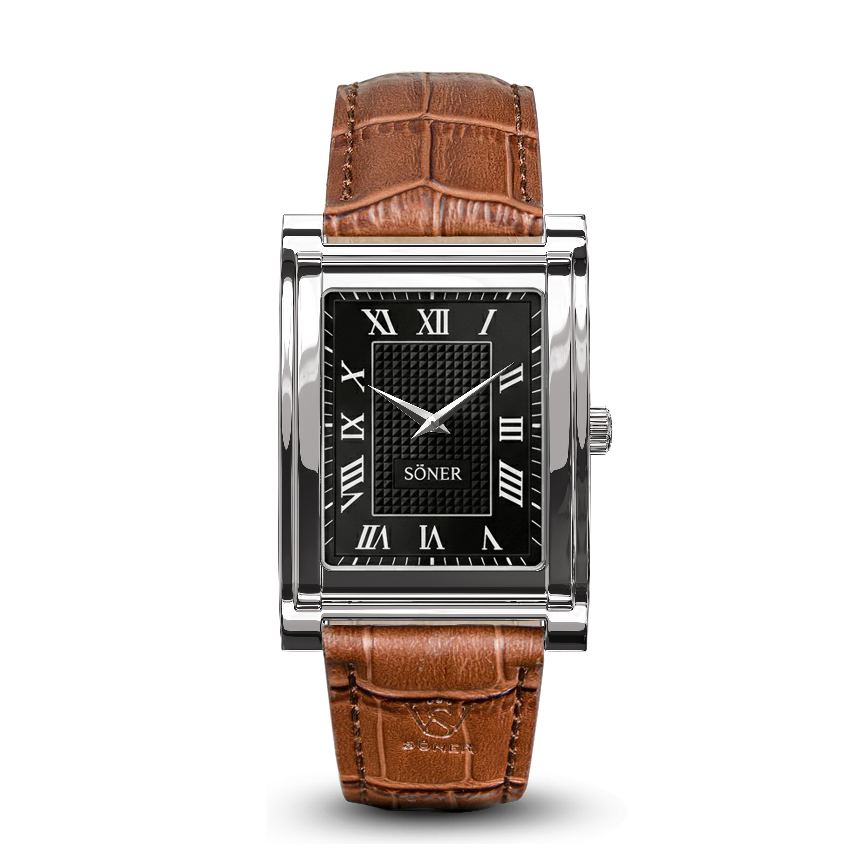 A rectangular steel watch with a brown leather strap, black dial, silver Roman numerals, and a sleek silver case. The brand SÖNER is displayed at the center of the watch face.