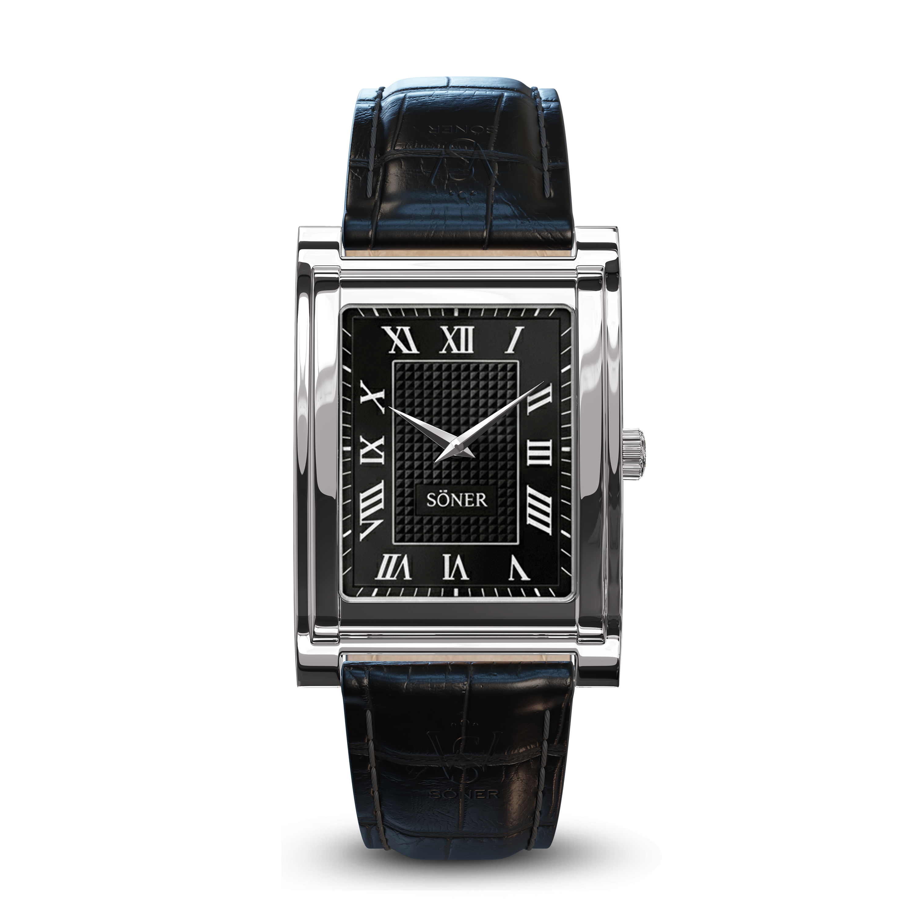 A sophisticated rectangular steel watch, this silver wristwatch features a striking black textured dial with elegant Roman numeral hour markers and a refined black leather strap. The brand SÖNER is displayed above the center, exemplifying the style of a true Roman numeral watch.