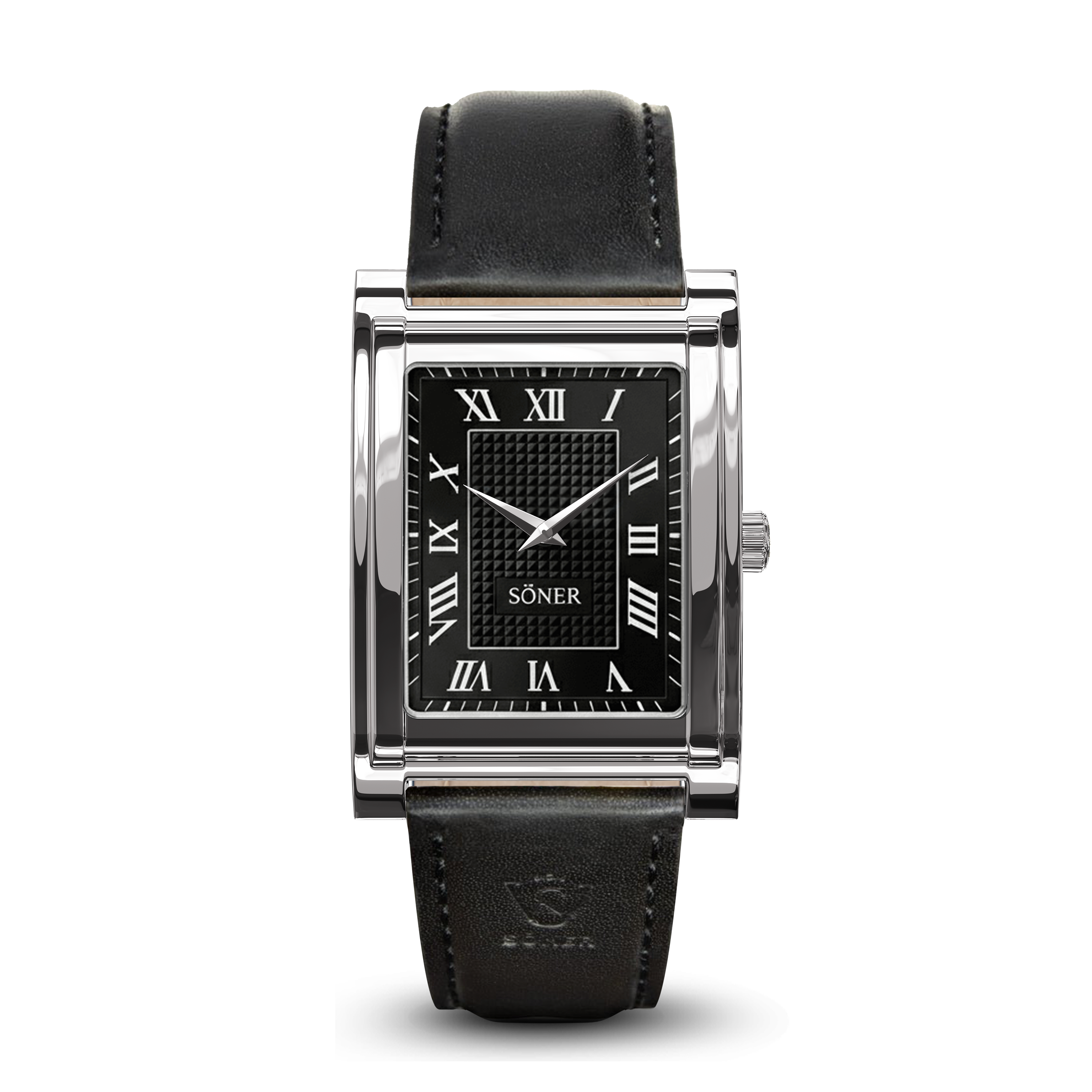 A sophisticated Roman numeral watch, this rectangular wristwatch features a sleek black leather strap, a polished silver case, and a striking black face adorned with classic Roman numerals and the brand name SÖNER at the center.