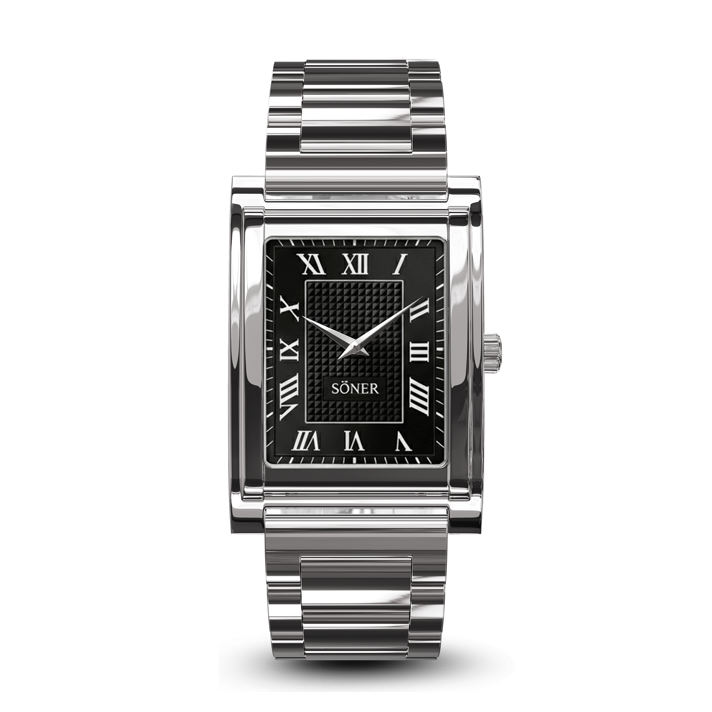 A striking rectangular steel watch featuring a black textured dial, this timepiece showcases classic Roman numeral hour markers and the brand name SÖNER at the bottom center. The polished, ridged metallic band perfectly complements the refined elegance of this Roman numeral watch.
