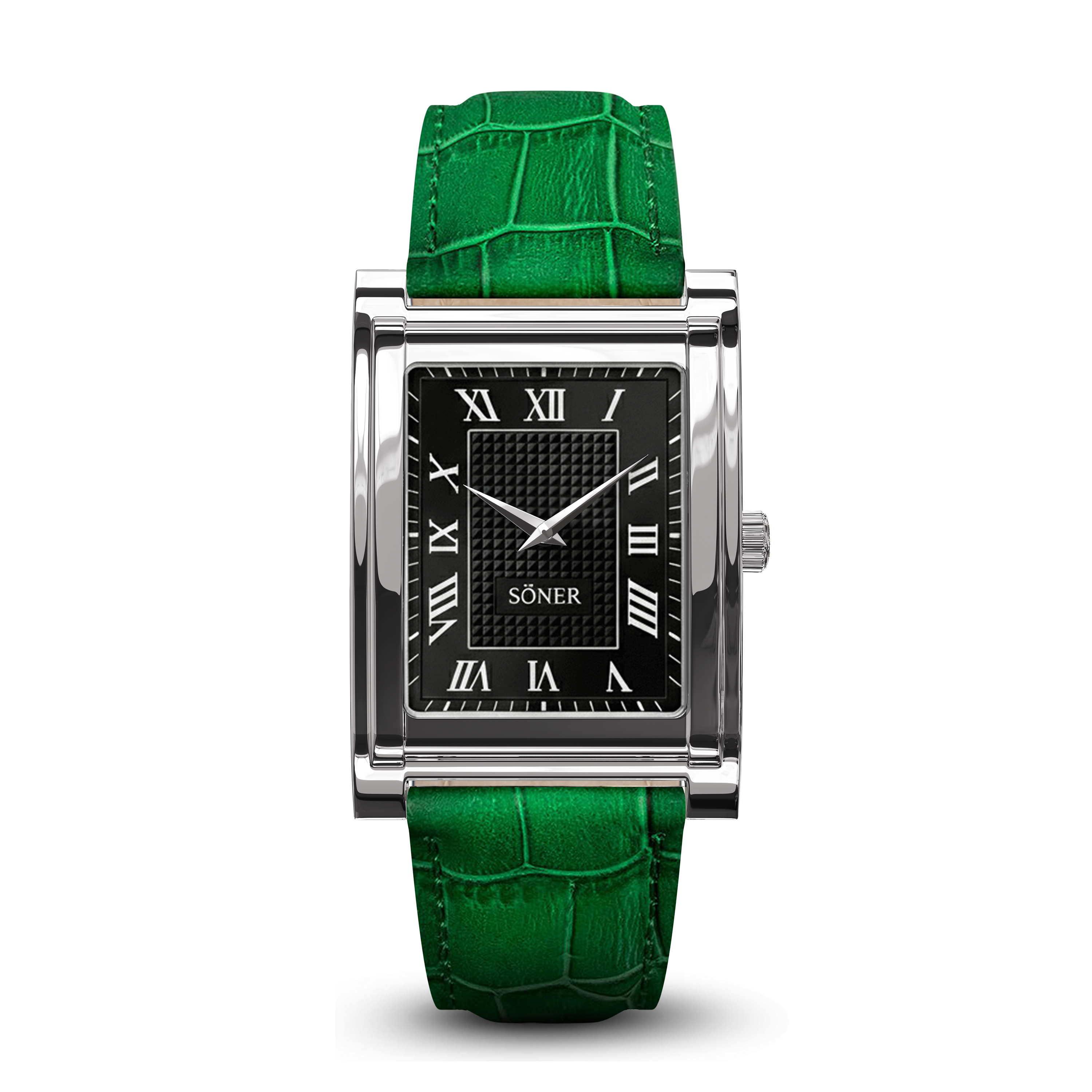 Rectangular steel watch with a black face, Roman numerals, and a textured green leather strap featuring a crocodile pattern. The brand name SÖNER is visible above the center, making this an elegant Roman numeral watch to elevate any collection.