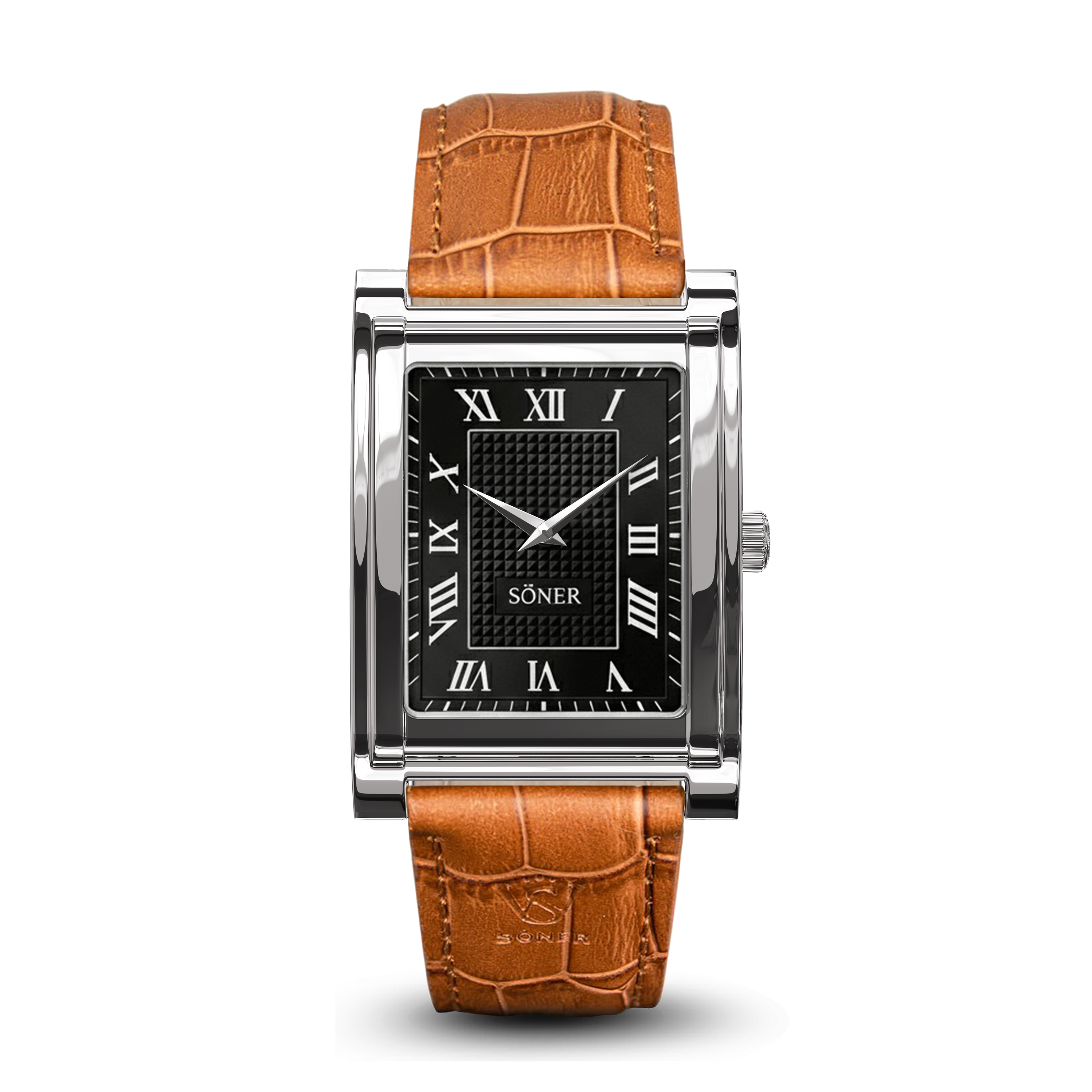 A sophisticated Roman numeral watch, this rectangular wristwatch features a brown leather strap, striking black dial, silver Roman numerals, and a refined silver case. The brand name SÖNER is elegantly displayed on the watch face.