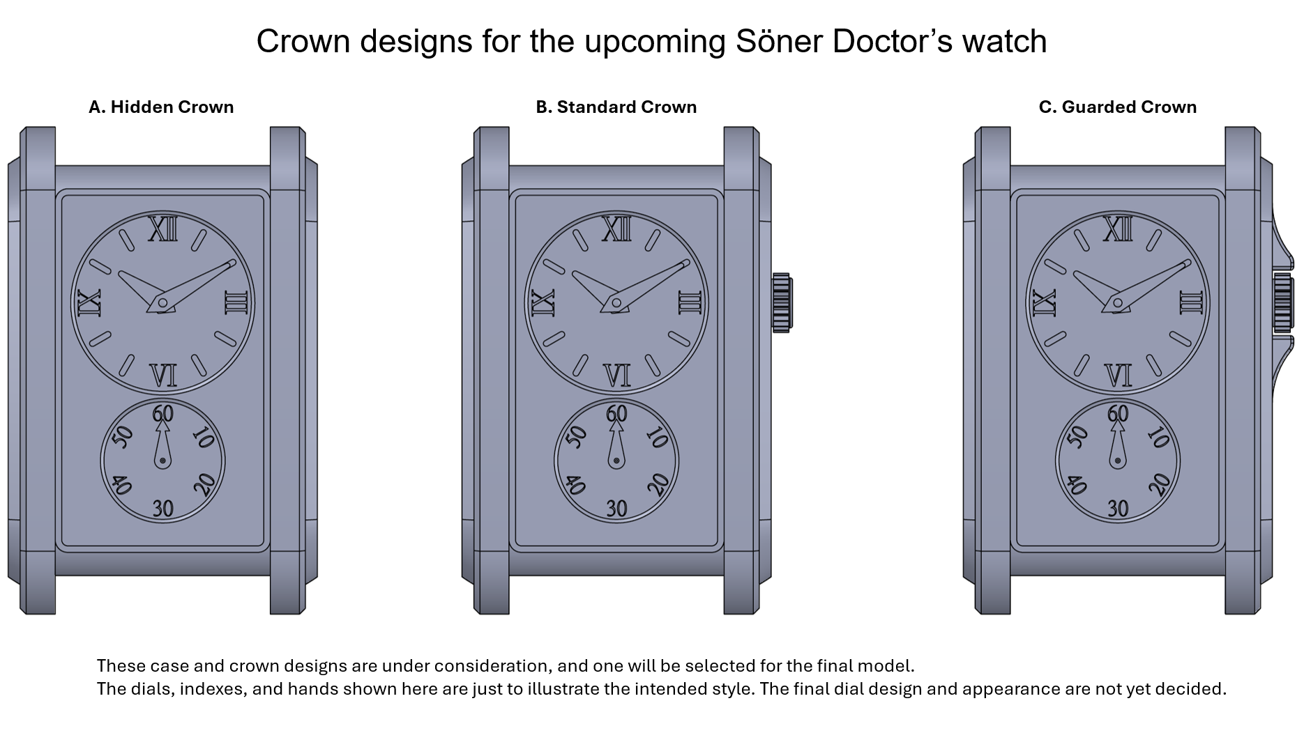 Three rectangular wristwatch designs labeled A, B, and C. Design A has a hidden crown, B has a standard crown, and C has a guarded crown. The watches feature Roman numerals and subdials. Text explains these are conceptual crown designs.