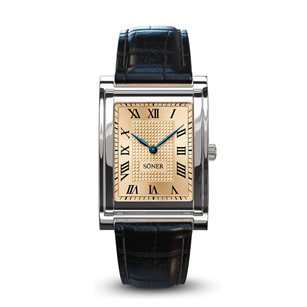 Söner Nostalgia Constantine rectangular dress watch with champagne dial, black Roman numerals, blue hands, polished steel case, and black leather strap
