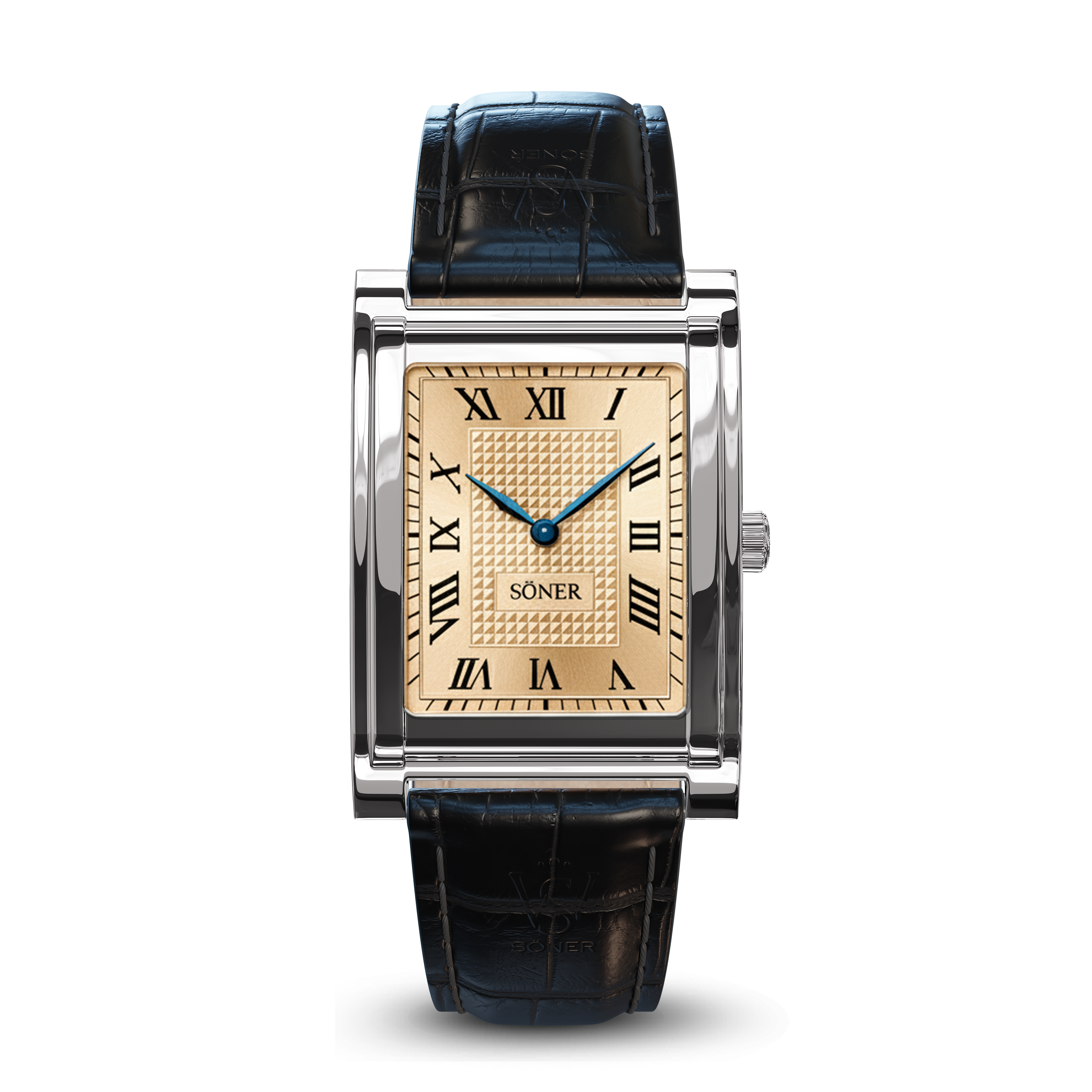 A men's luxury rectangular dress watch with a gold face, black Roman numerals, blue hands, a silver case, and a black leather strap, displaying the SÖNER brand name on the dial.