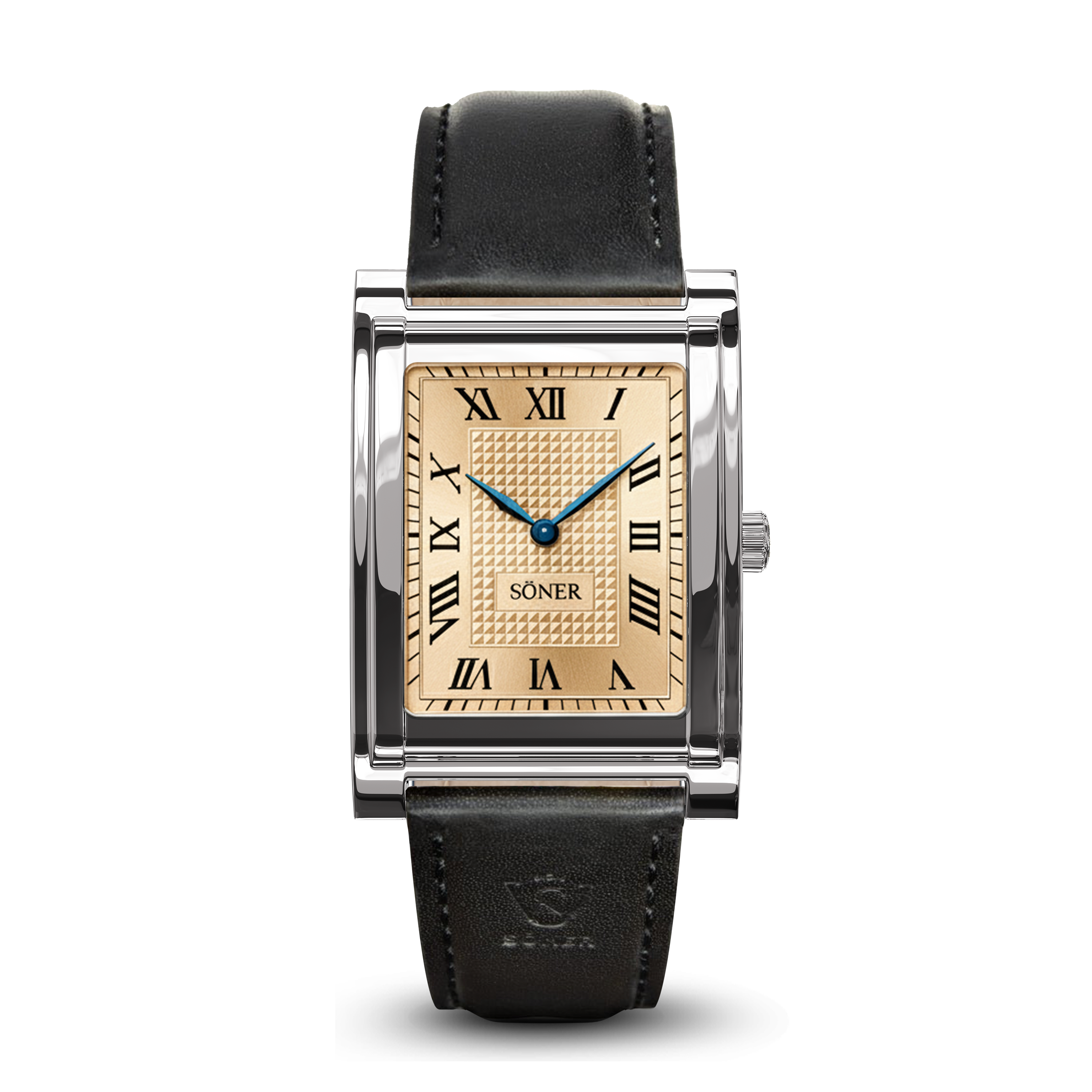 A sophisticated rectangular dress watch with a gold face, black Roman numerals, blue hands, and a black leather strap. The metallic case showcases the SÖNER name above 6 o’clock—a standout men's luxury watch for any occasion.