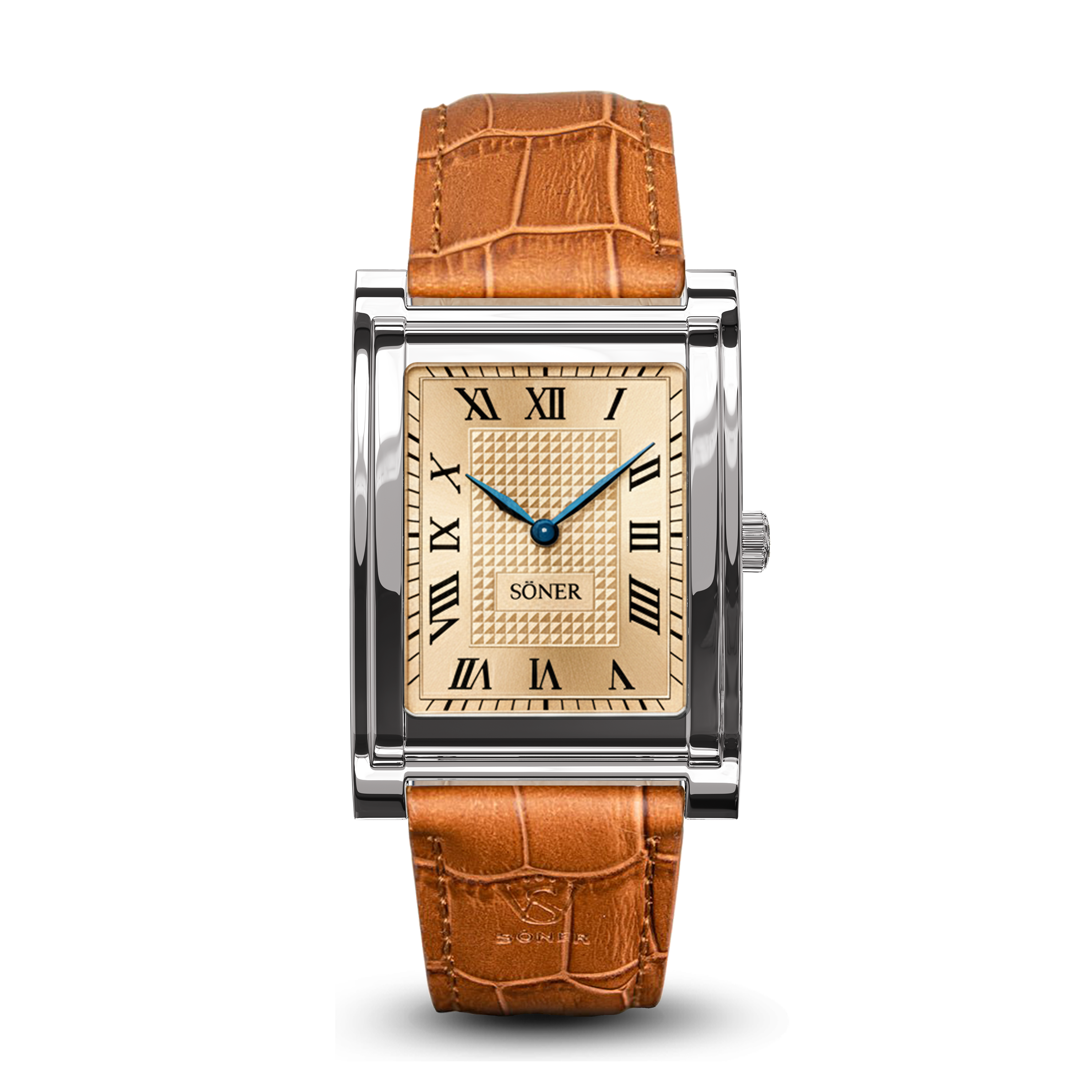 A sophisticated men's luxury watch featuring a rectangular dress watch design with a tan leather strap, a gold-toned face, Roman numeral markers, blue hands, and a silver metal case. The SONER brand is elegantly printed on the dial.