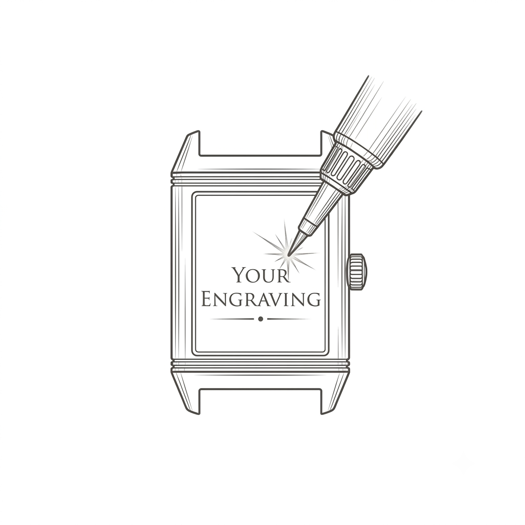Line drawing of a watch face being engraved with the words YOUR ENGRAVING while a pen-like engraving tool touches the surface, creating a starburst pattern.
