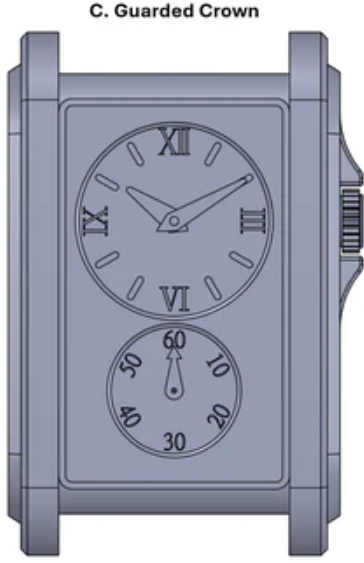 Inspired by a classic 1930s style watch, this doctor's watch features a rectangular case with a guarded crown, two dials—Roman numerals for hours and minutes above, and a seconds subdial below marked at intervals of 10.