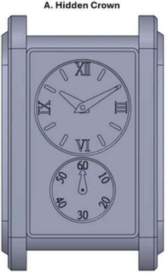 A gray rectangular case watch with two dials; the top shows 10:10 in Roman numerals, the bottom a single hand at 60. The text A. Hidden Crown is above the clock, evoking a classic Doctor's Watch design.