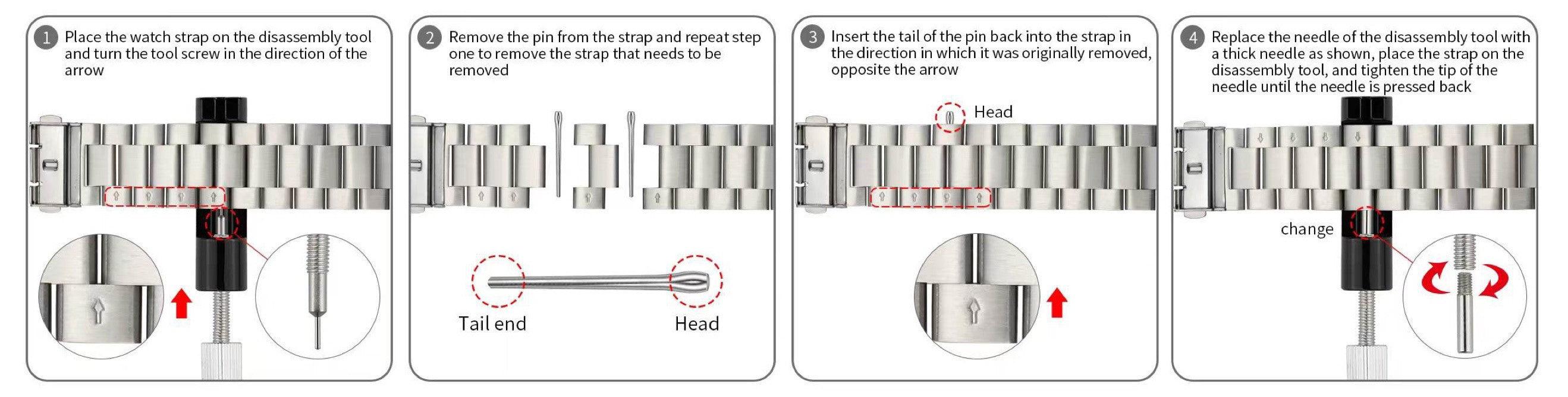 A step-by-step guide to resizing a GATSBY Polished Steel (20mm) watch strap using a disassembly tool. The process involves removing, reversing, reinserting, and securing the pin to adjust the strap length. Detailed images illustrate each step with arrows and labels.