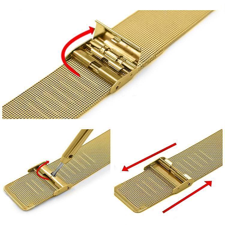 HERITAGE Au 22mm mesh watch band with a clasp. The image provides step-by-step instructions for detaching the clasp by lifting and sliding it away. Red arrows indicate the direction for opening and adjusting the clasp mechanism.