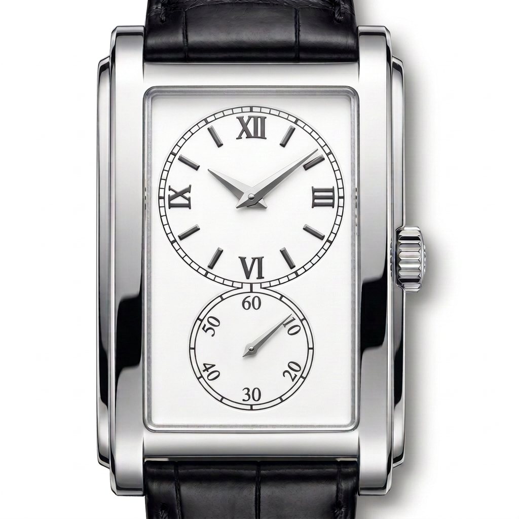 Söner Duo Linné polished steel rectangular doctor's watch with white twin dial, Roman numerals and running seconds