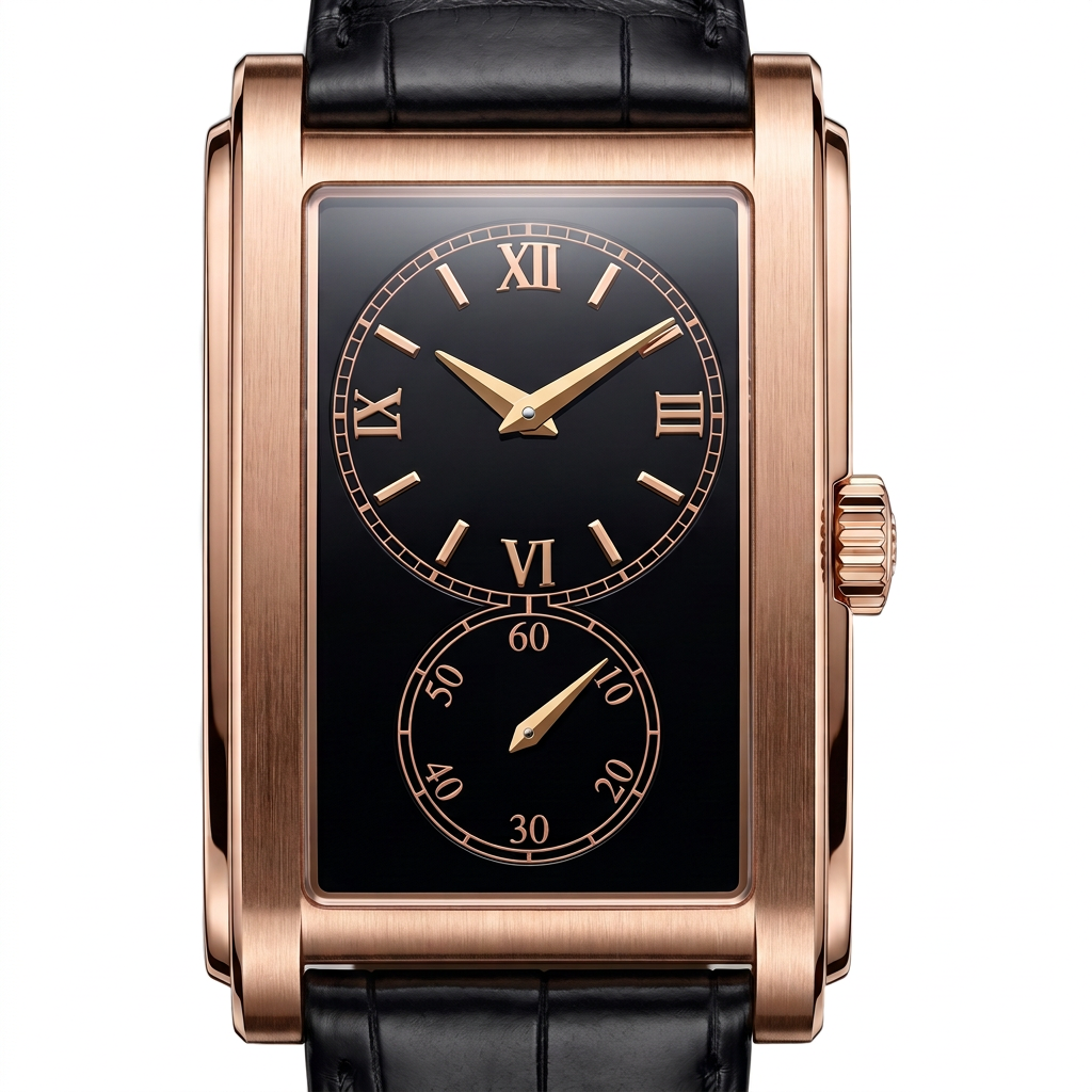 Söner Duo Nobel gold rectangular doctor's watch with black twin dial, Roman numerals and running seconds