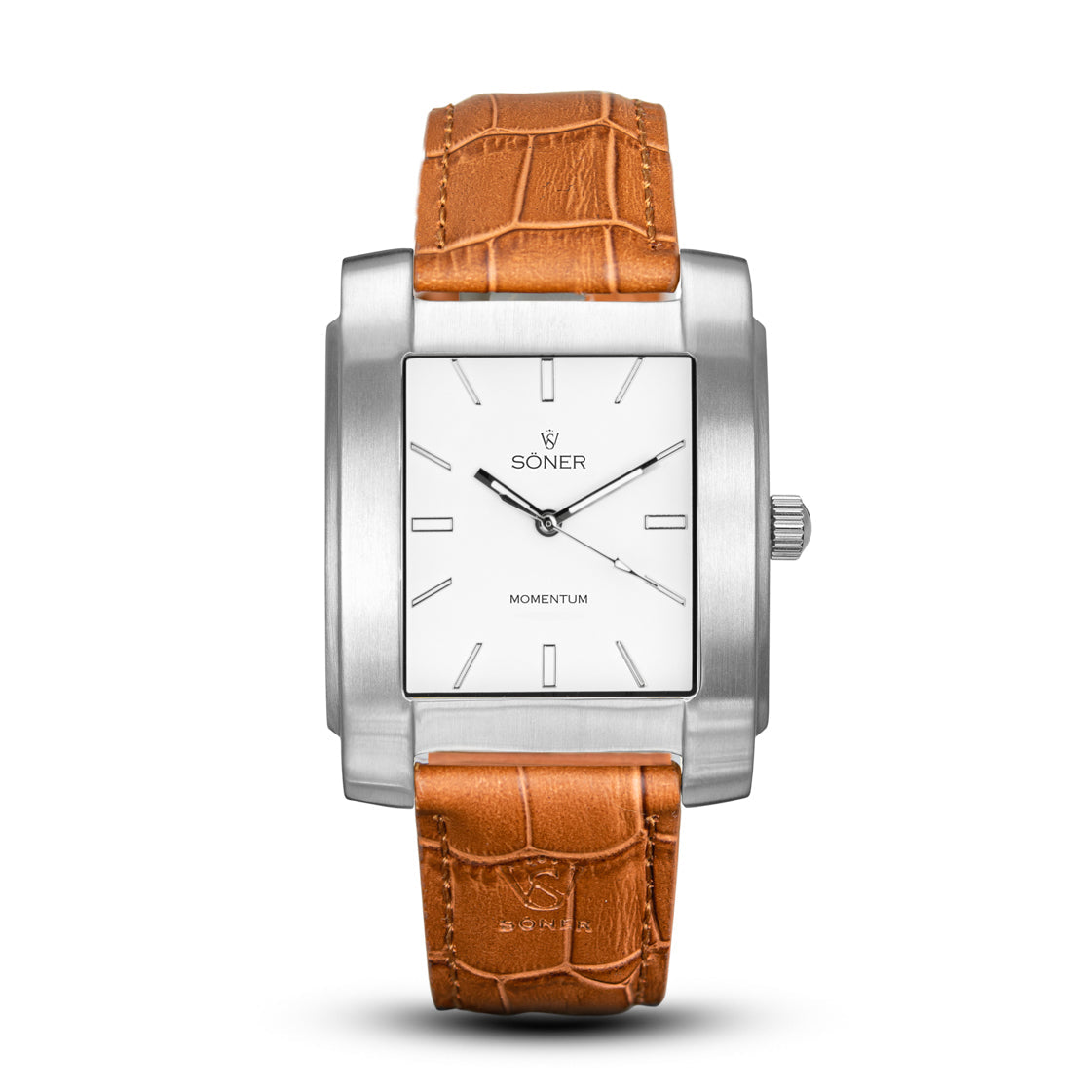 The Momentum Atlas by Söner is a square watch featuring a sleek silver case and white dial with minimalist hour markers. It is complemented by a brown crocodile-patterned leather strap, with the brand name Soner elegantly displayed on the dial.