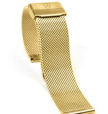 Introducing the HERITAGE Au 22mm, a gold mesh watch strap with a sleek and woven design. This strap comes with a clasp that enhances its sophisticated and luxurious appearance, while the detailed texture accentuates its shiny metallic finish.