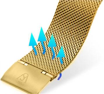 The HERITAGE Au 22mm features a gold mesh watch strap with a clasp, accompanied by blue arrows pointing upward from the strap to indicate its airflow or breathability.