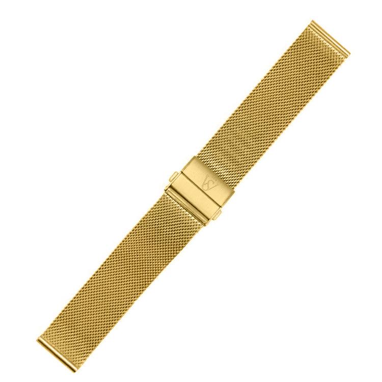 The HERITAGE Au 22mm gold mesh watch strap features a central clasp, showcased against a white background.