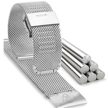 The HERITAGE Fe 22mm is presented next to several cylindrical metal rods. This silver mesh watch strap includes a clasp for fastening and showcases a polished finish, offering a sleek, modern look.