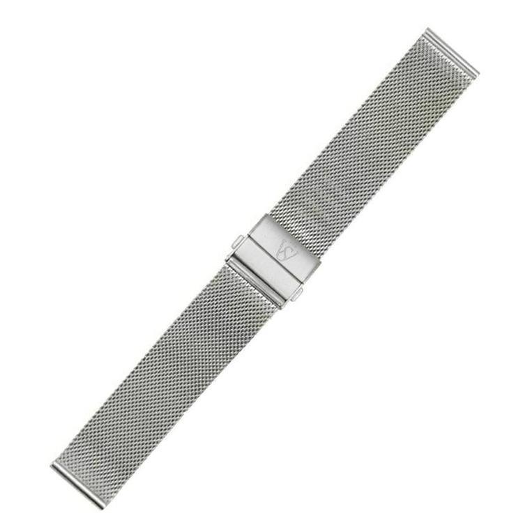 The HERITAGE Fe 22mm features a sleek, stainless steel mesh watch strap in a silver tone, boasting a minimalist, modern appearance with a folding clasp.