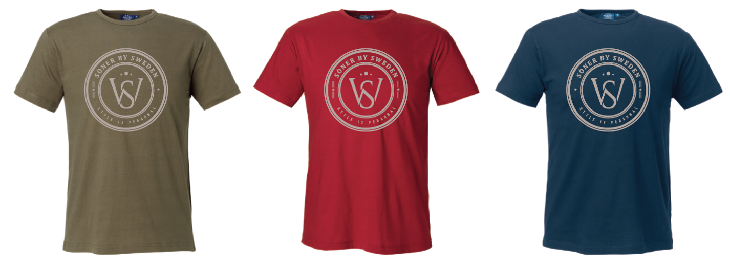 The Söner T-shirt collection features three shirts with a circular Loster by Sweden logo centered, available in olive green, red, and navy blue. Displayed side by side against a white backdrop.