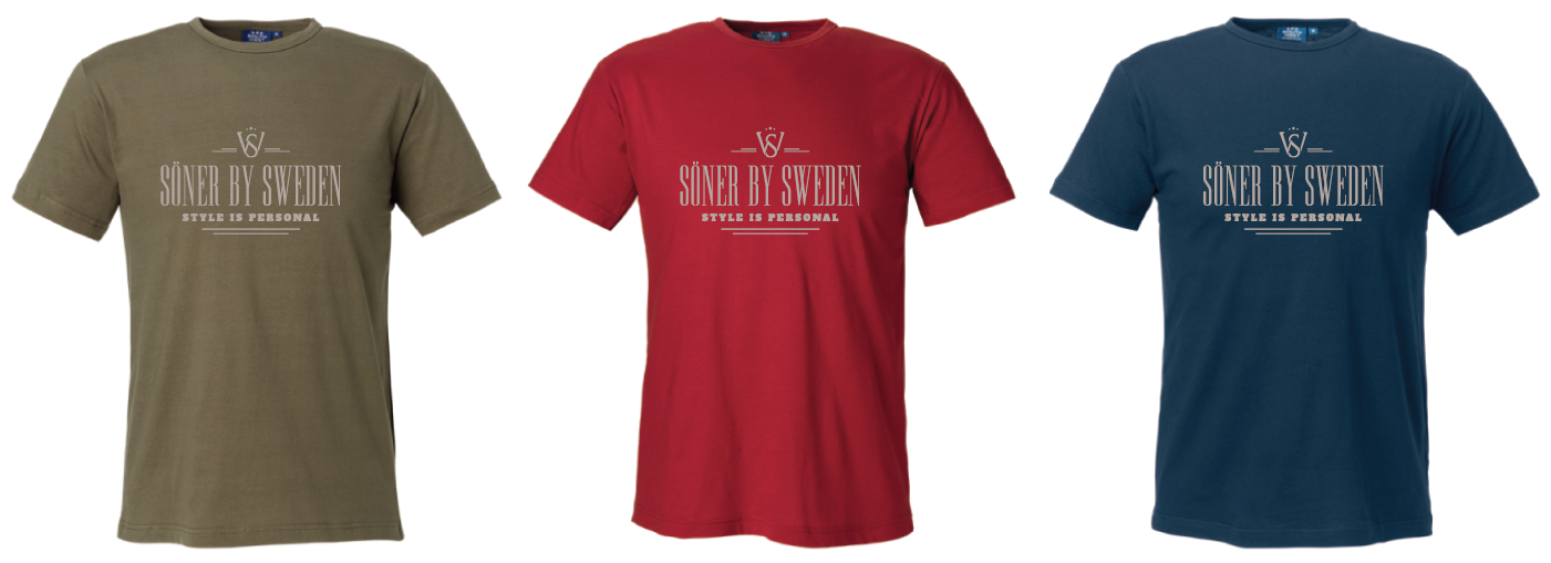 The Söner T-shirt collection showcases three shirts in olive green, red, and navy blue, each featuring the Söner by Sweden logo in a vintage style across the chest.