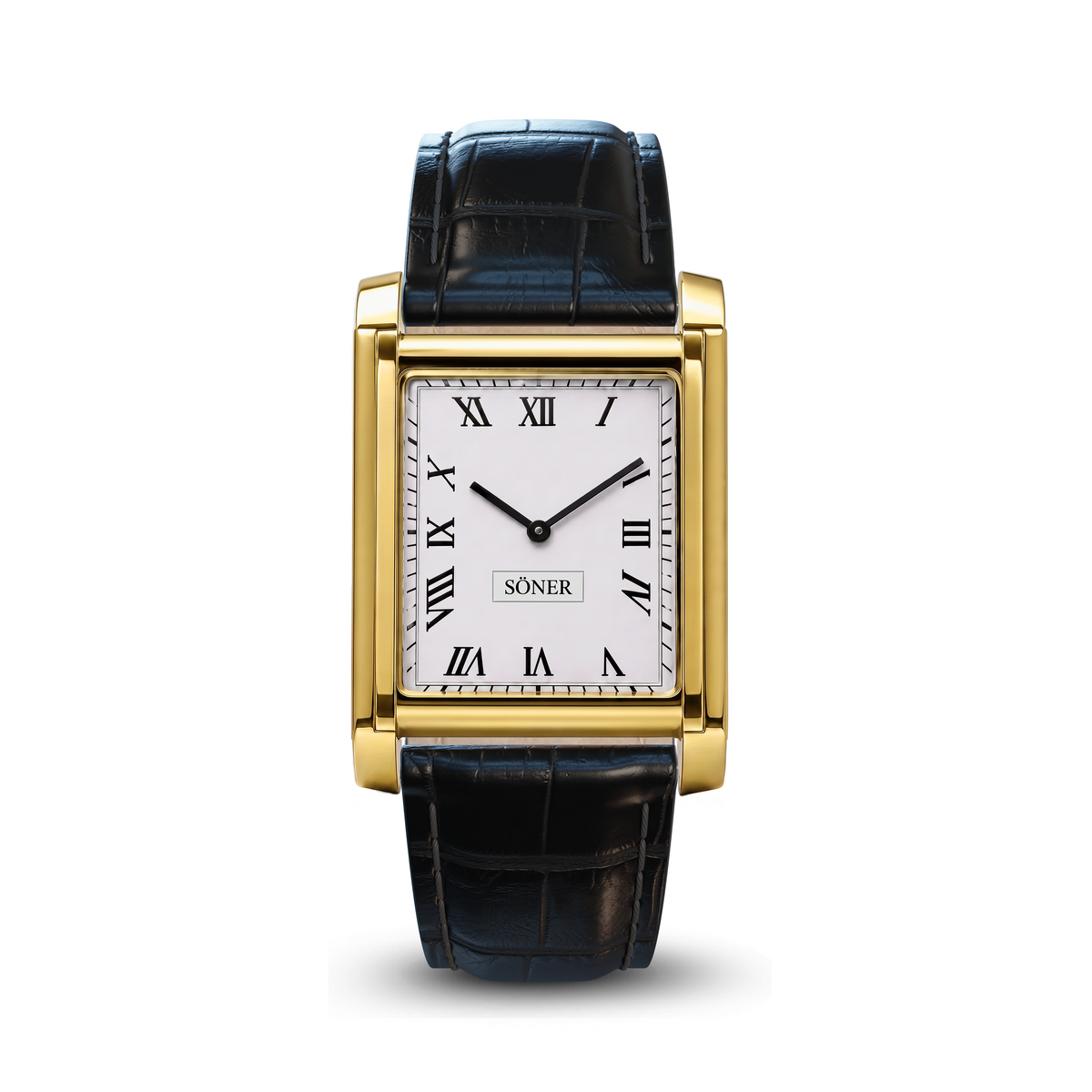 Söner Tank Royal rectangular watch in polished gold with a Roman numeral dial and a black crocodile pattern leather strap