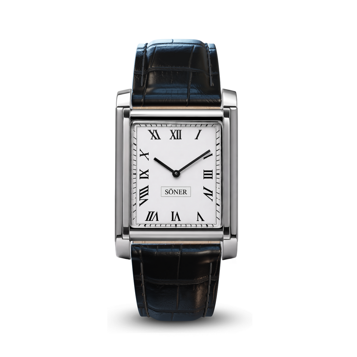 Söner Tank Royal rectangular watch in polished steel with a Roman numeral dial and a black crocodile pattern leather strap