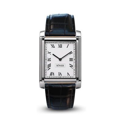 Söner Tank Royal Steel rectangular watch with porcelain white dial and black alligator pattern leather strap