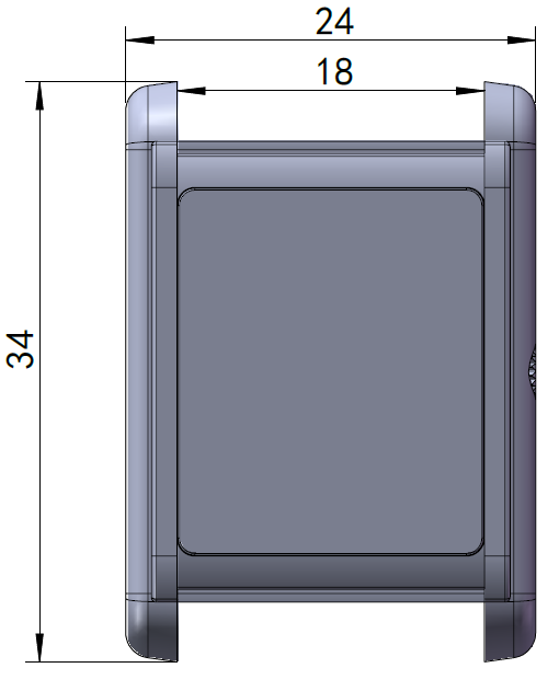 Technical drawing of a rectangular Tank Watch viewed from the front, showing dimensions: outer width 24 units, inner width 18 units, and height 34 units. Rounded corners and a central square area reflect classic Art Deco watch design.