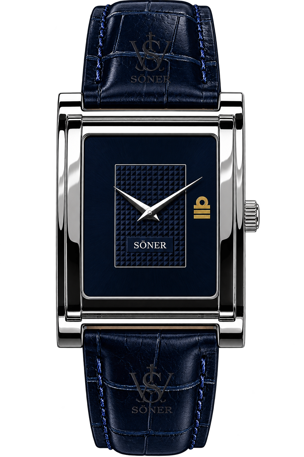 A rectangular luxury wristwatch with a blue face, silver hands, and a dark blue leather strap featuring the word SÖNER and a gold logo. The watch has a polished metal frame, detailed stitching on the strap, and is available as a limited edition watch supporting a men’s mental health charity.