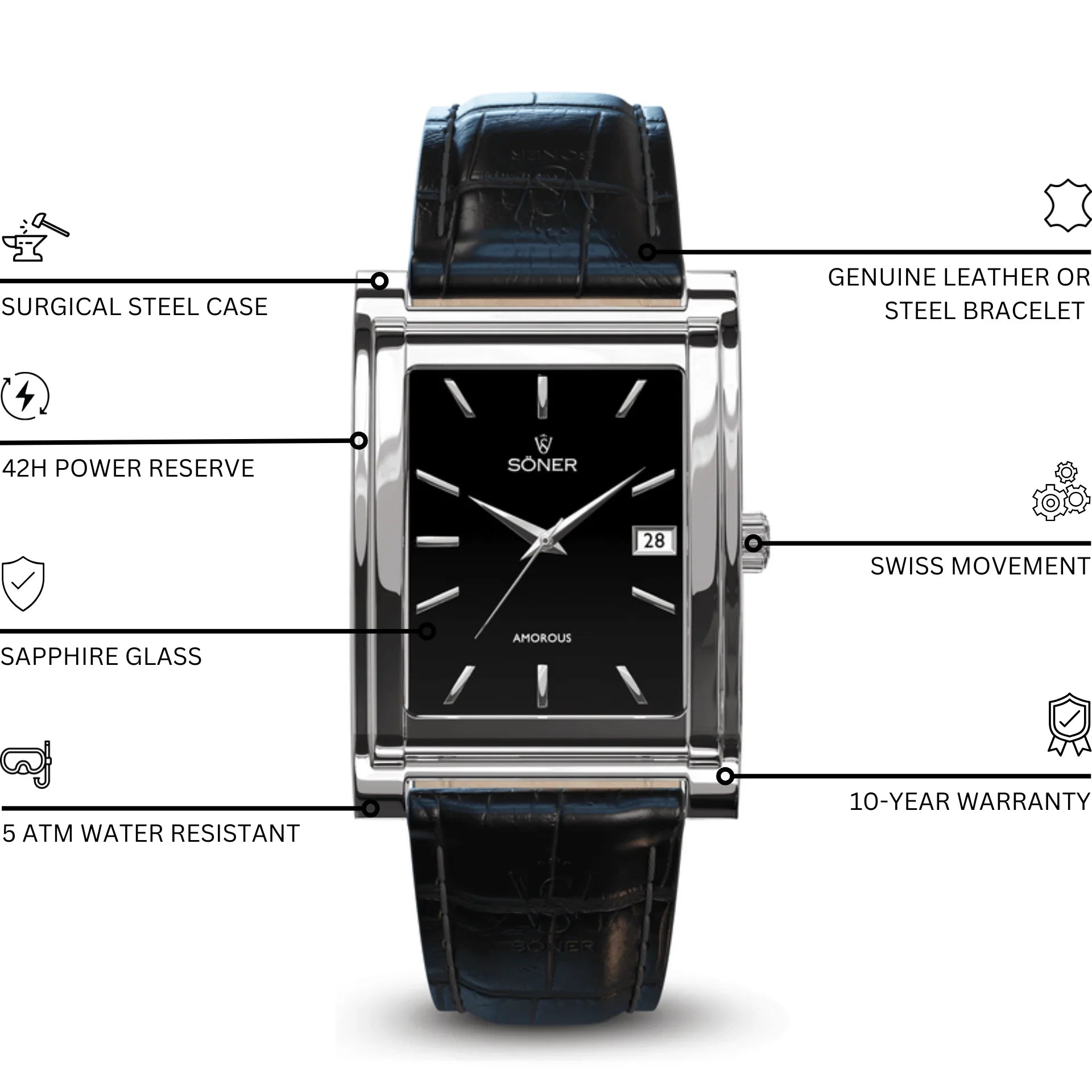 Söner Amorous Barcelona Automatic rectangular watch with a polished surgical steel case, black dial, date window, black leather strap, and highlighted features including Swiss movement, sapphire glass, 42-hour power reserve, 5 ATM water resistance, and a 10-year warranty.