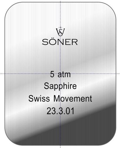 The back of the Amorous Barcelona (Self-winding) watch, crafted in a rectangular metallic design, displays "Söner" along with a logo above it. Below this, details include 5 atm water resistance, Sapphire crystal, Swiss Movement technology, and the numbers 23.3.01. The brushed metal finish features vertical lines that encapsulate the timeless elegance of this square timepiece from Söner.