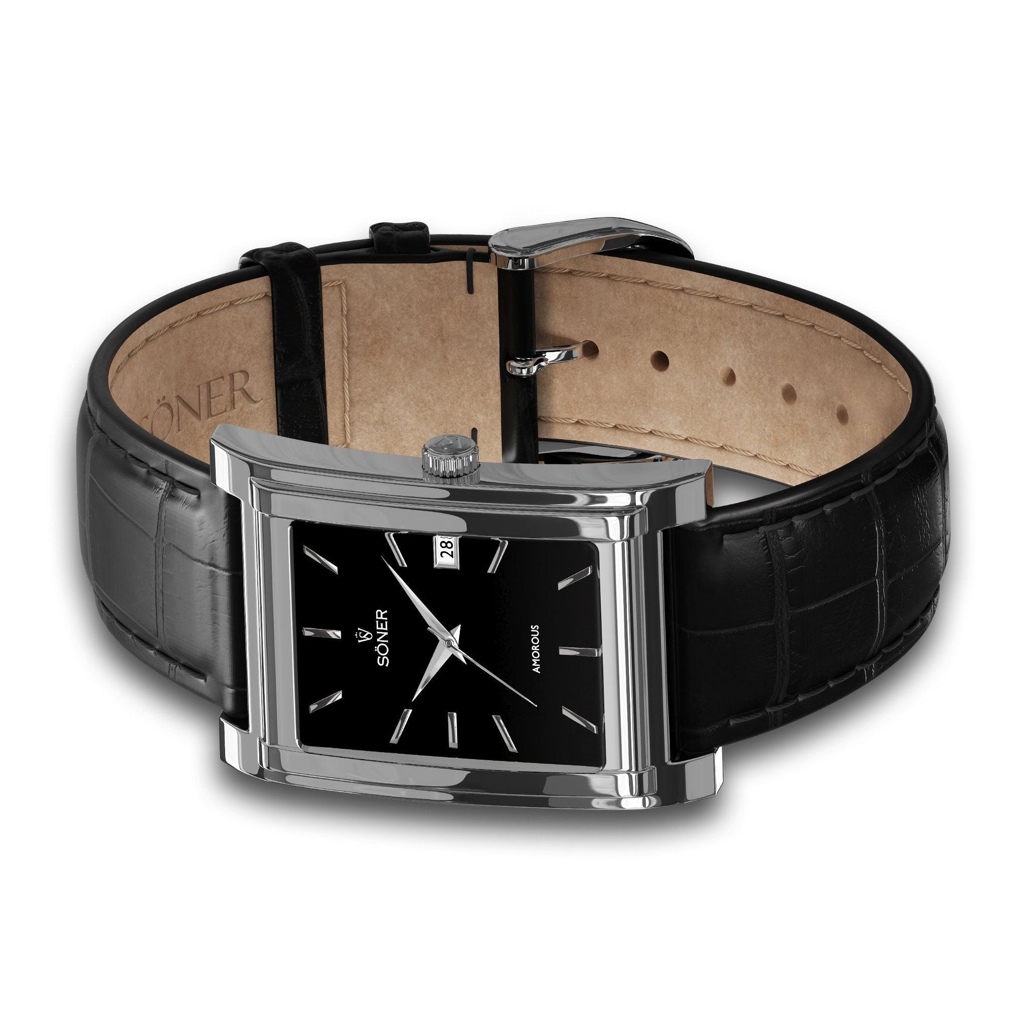 Barcelona, a rectangular watch in polished steel with black dial