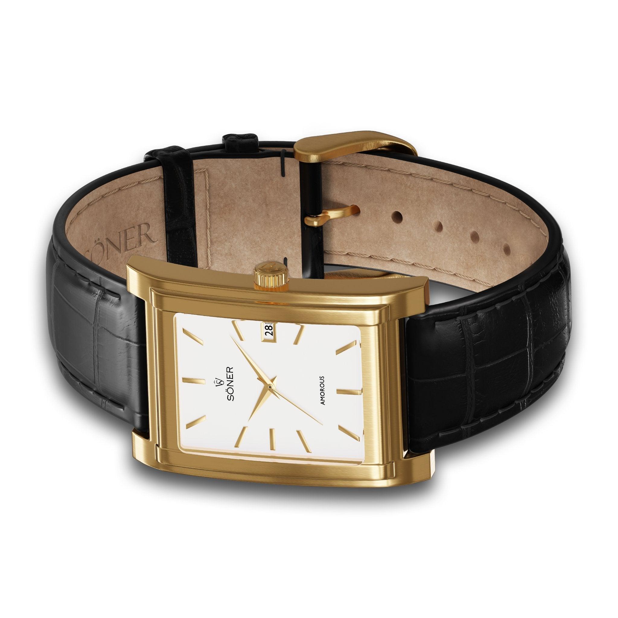 Casablanca, a rectangular watch in brushed gold with white dial