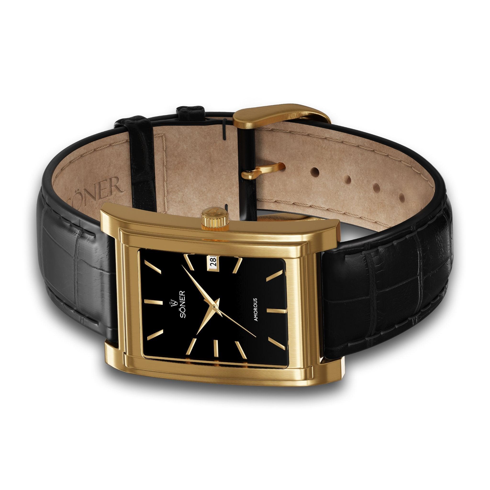 Milano, a rectangular watch in brushed gold with black dial