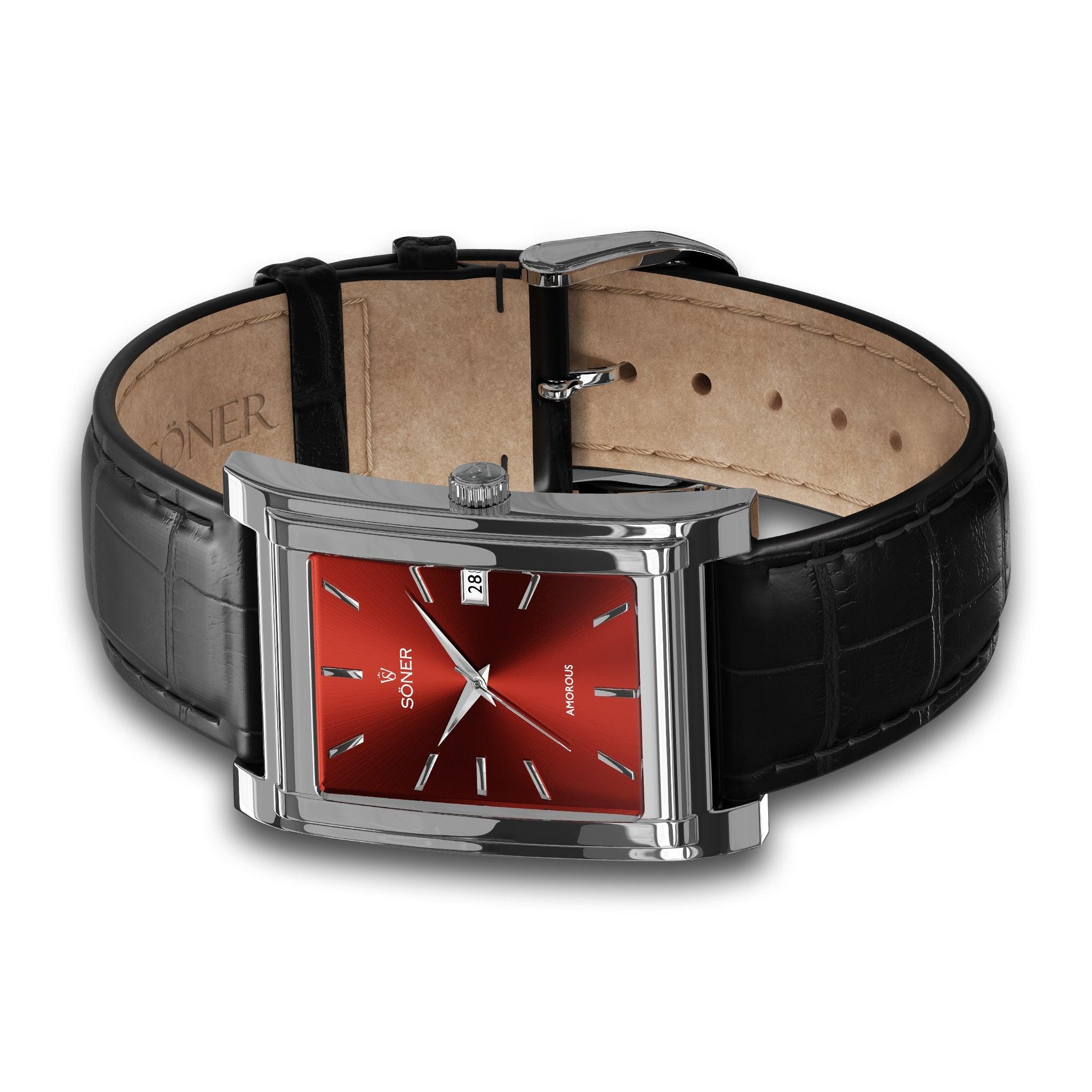 The Amorous Rio watch features a rectangular design with a red dial and silver highlights, prominently showcasing the name SØNER and AUTOMATIC. It includes a black leather strap with a crocodile pattern, along with an elegantly displayed date window set against a gray background.