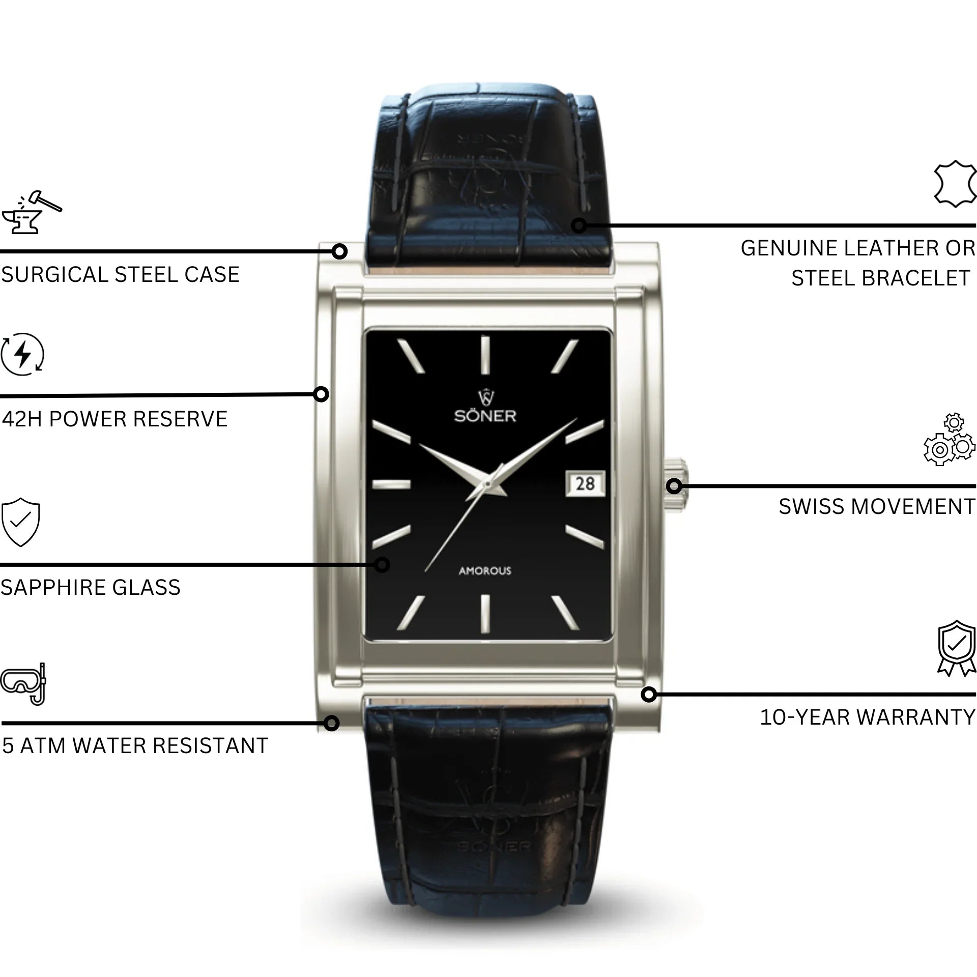 The Amorous Sydney, a self-winding watch from Söner, features a rectangular steel case with a black dial adorned with silver hour markers and hands. It includes a textured black leather strap and offers the convenience of a date display at the 3 o'clock position.