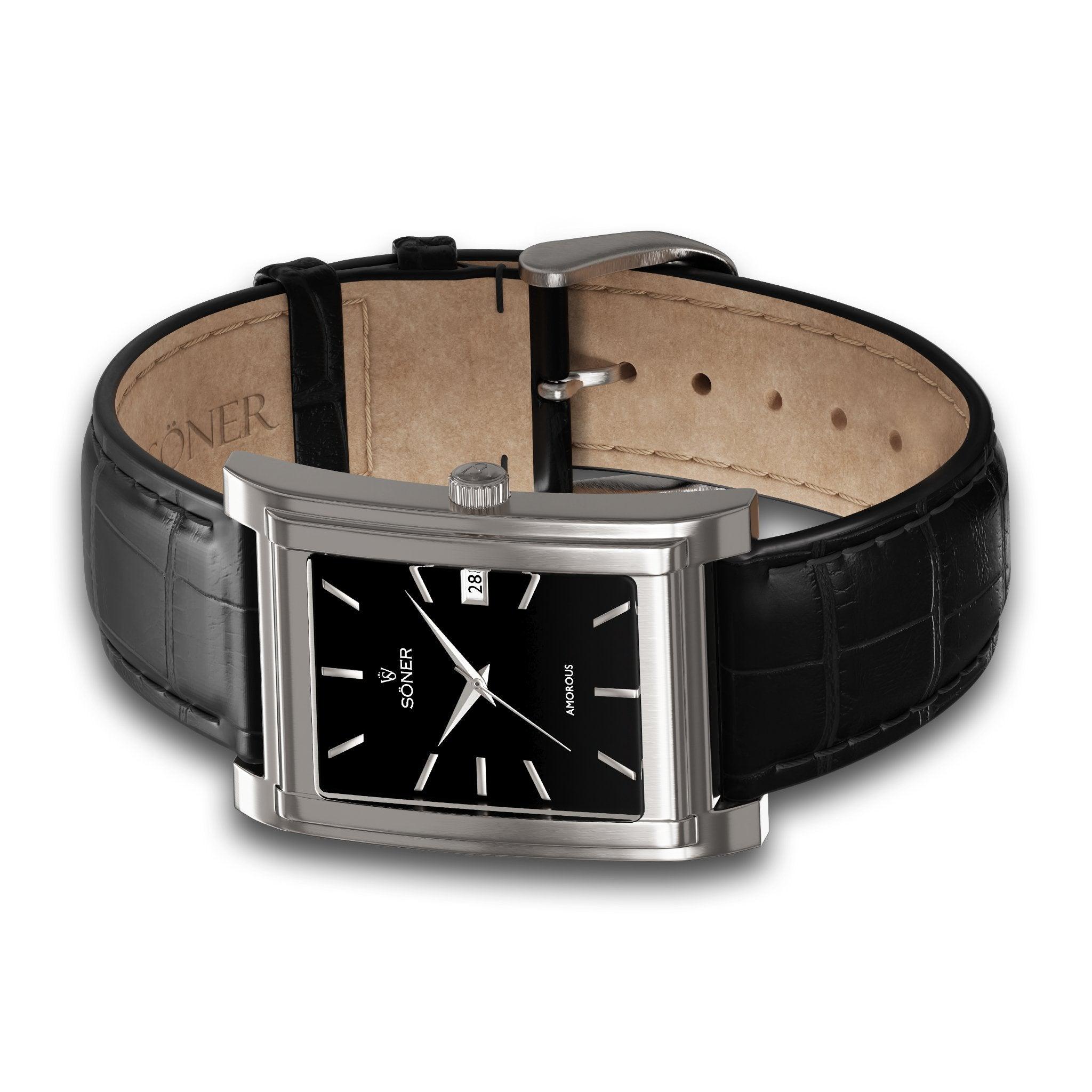 The Amorous Sydney self-winding wristwatch from Söner is showcased, featuring a rectangular design in black and silver with a black leather strap. It includes silver hour markers, hands, and a date window. The tan inner band with a metal clasp elegantly highlights the brand name on the watch face.