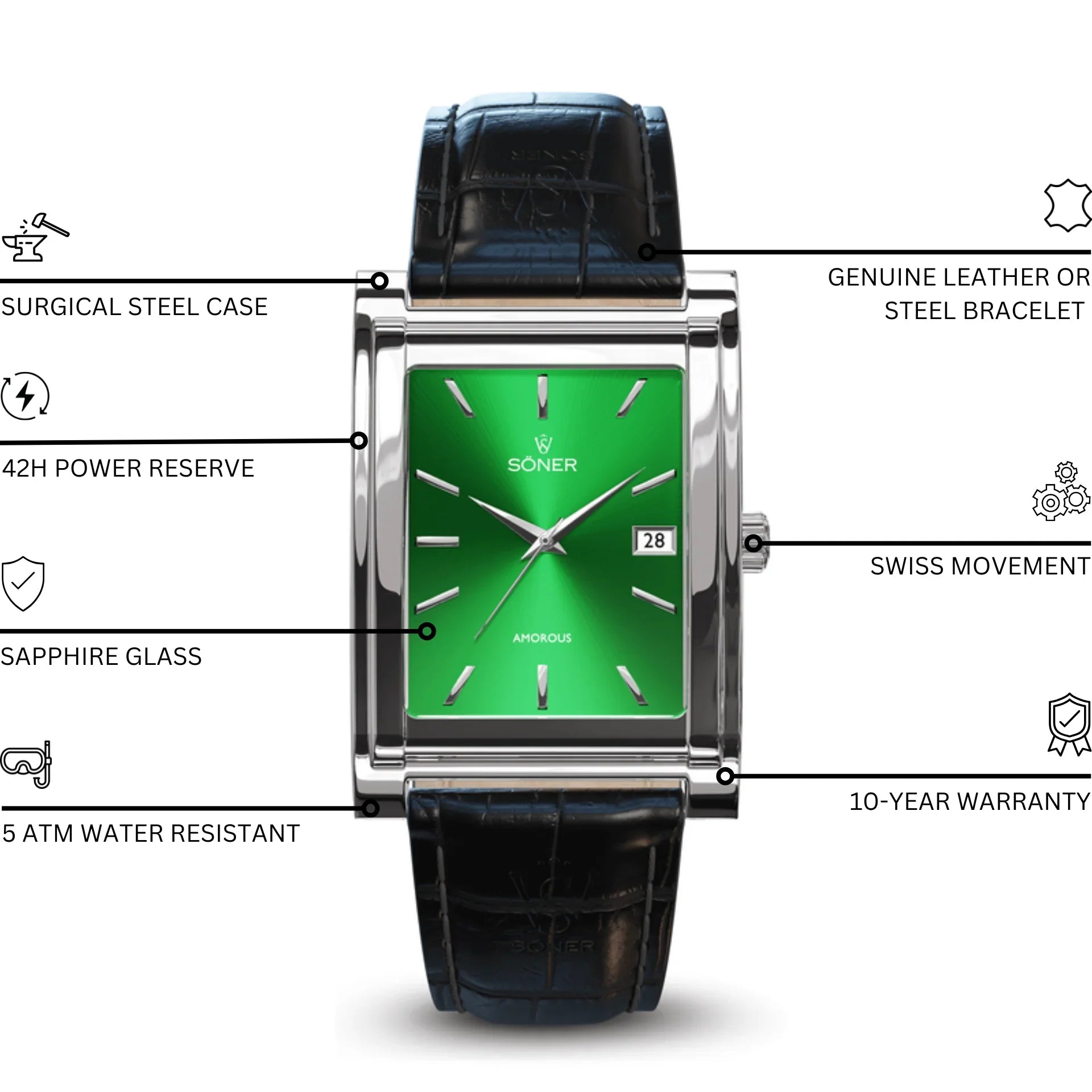 Rectangular Amorous Tokyo Automatic watch with a polished steel case, emerald green sunburst dial, black crocodile grain leather strap, and feature highlights including Swiss movement, sapphire glass, 42-hour power reserve, and 5 ATM water resistance.