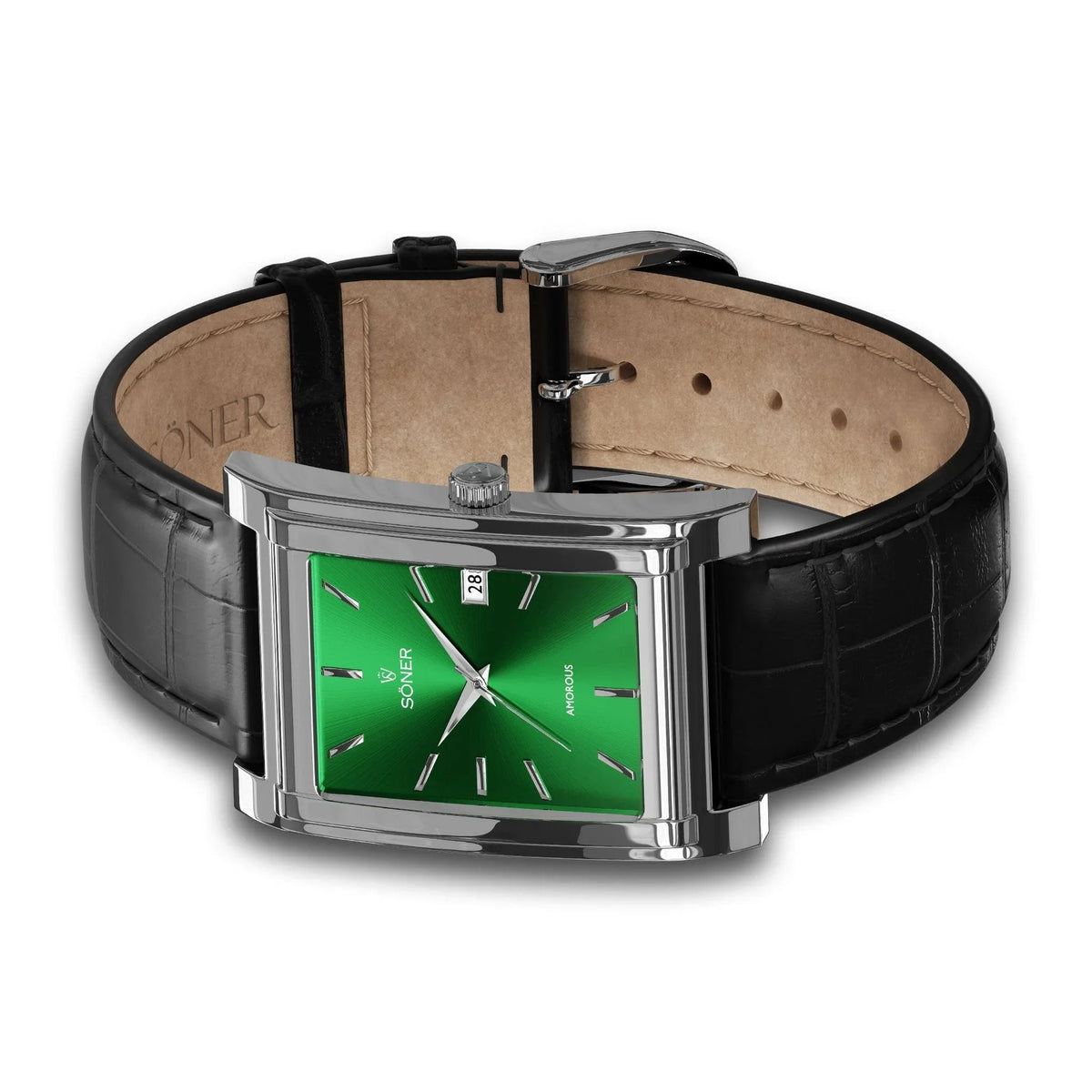 Tokyo, a rectangular watch in polished steel with green dial