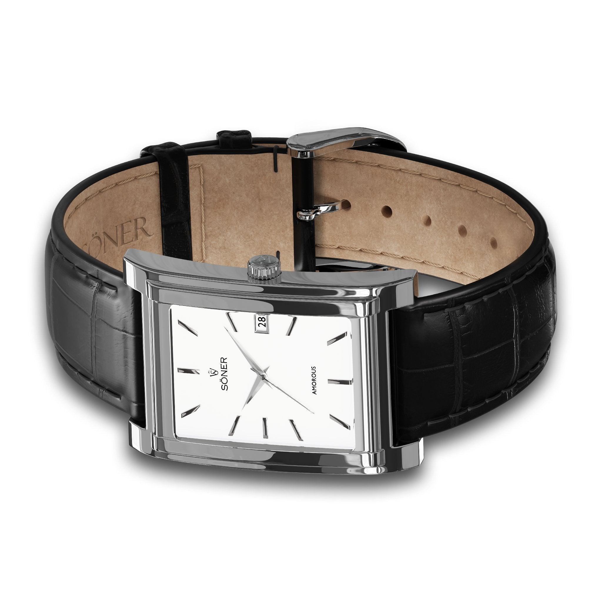 Vienna, a rectangular watch in polished steel with white dial