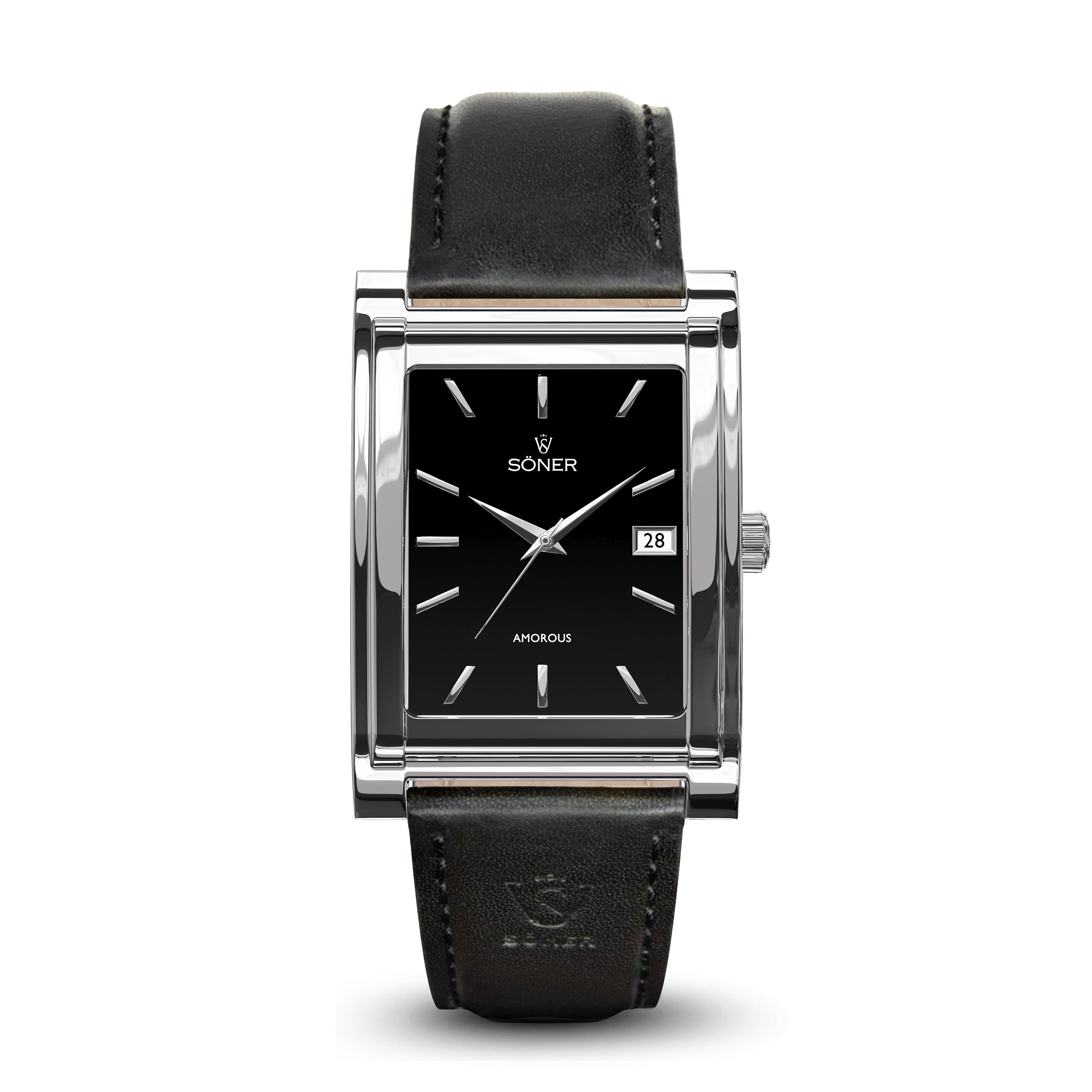 Square automatic watch, Amorous Barcelona with black dial - black leather strap front view