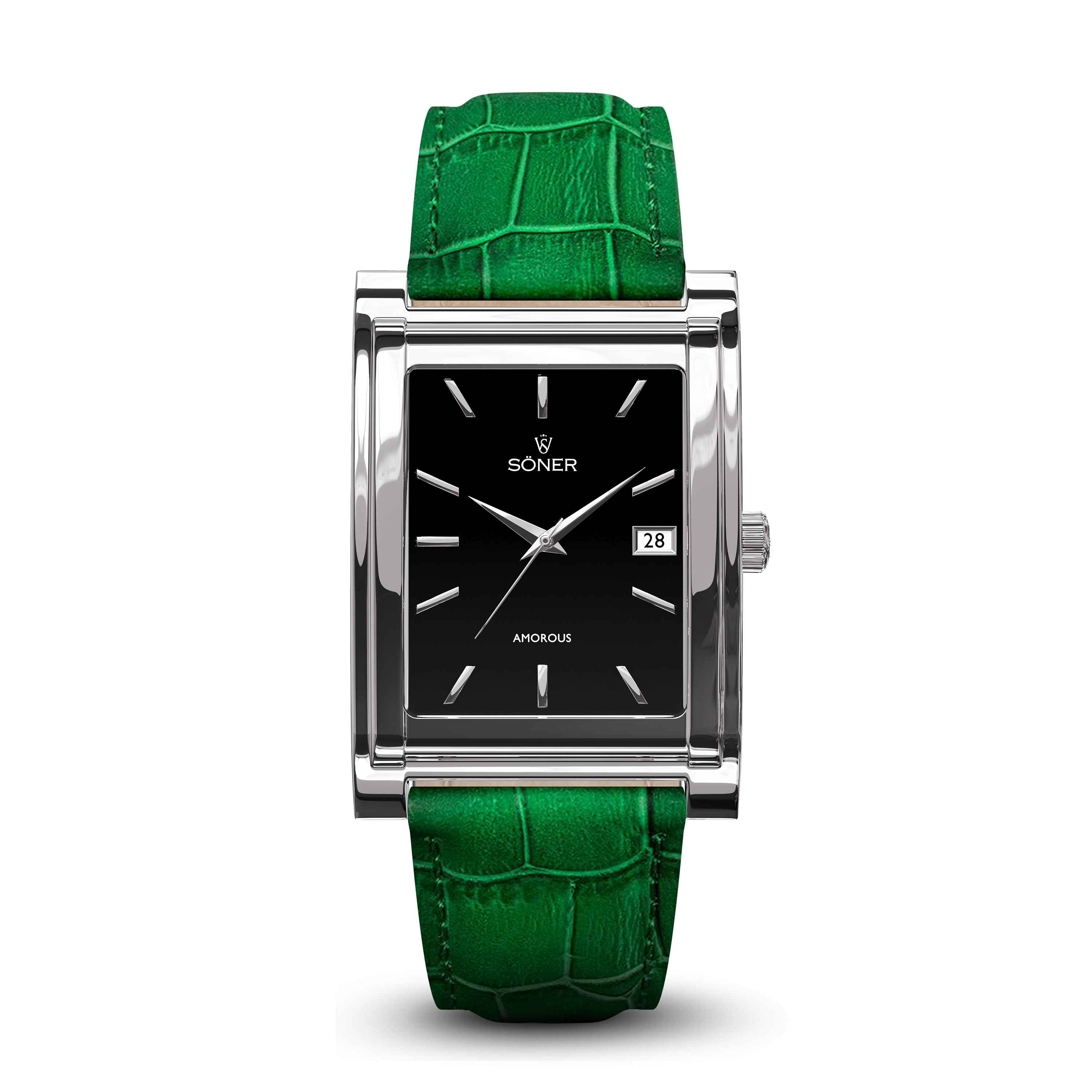 Square automatic watch, Amorous Barcelona with black dial - green alligator pattern leather strap front view